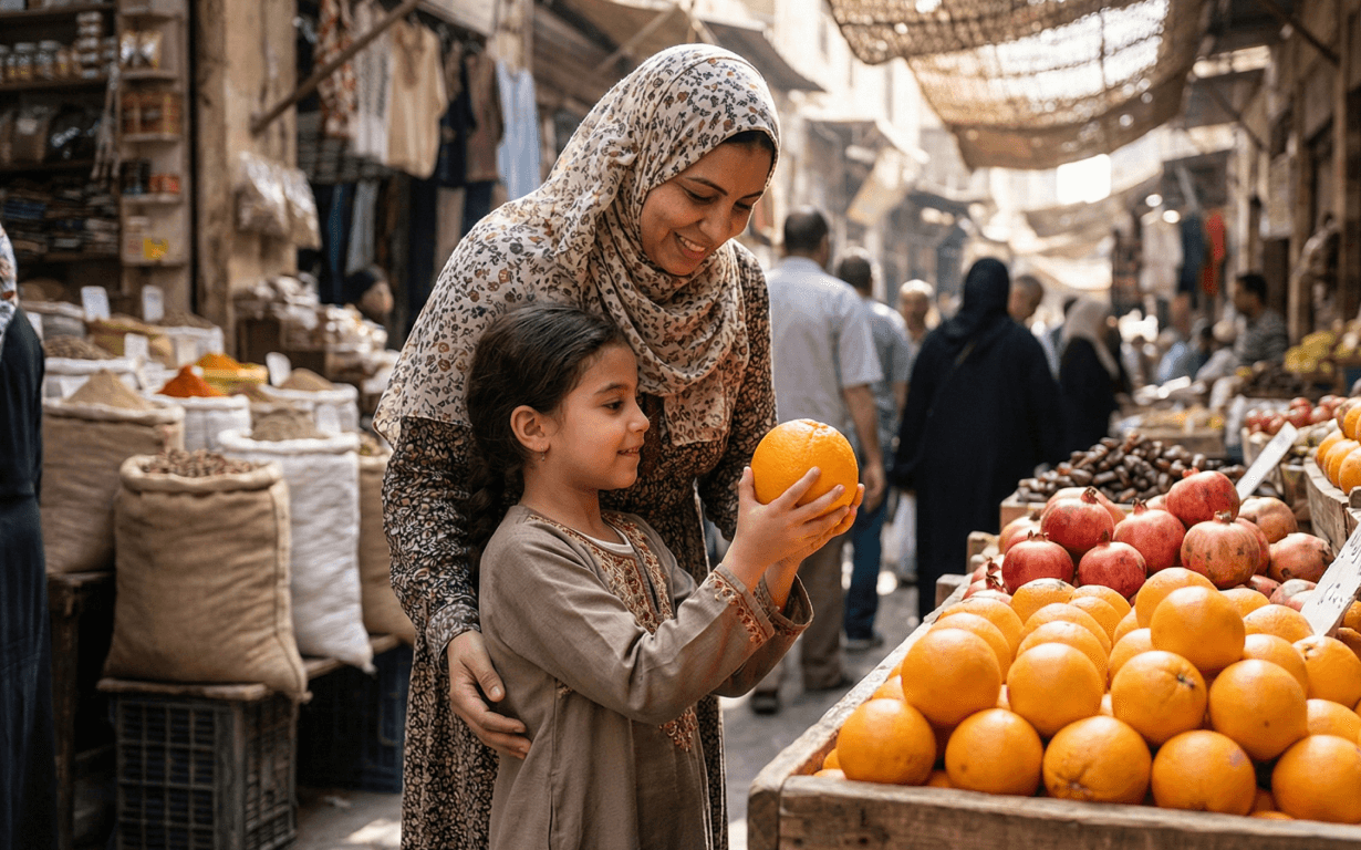 A woman and a young girl smile as the girl holds an orange at a busy outdoor market, surrounded by fresh fruits and people shopping, wondering what you can buy with $100 among the colorful produce and goods at the bustling stalls.
