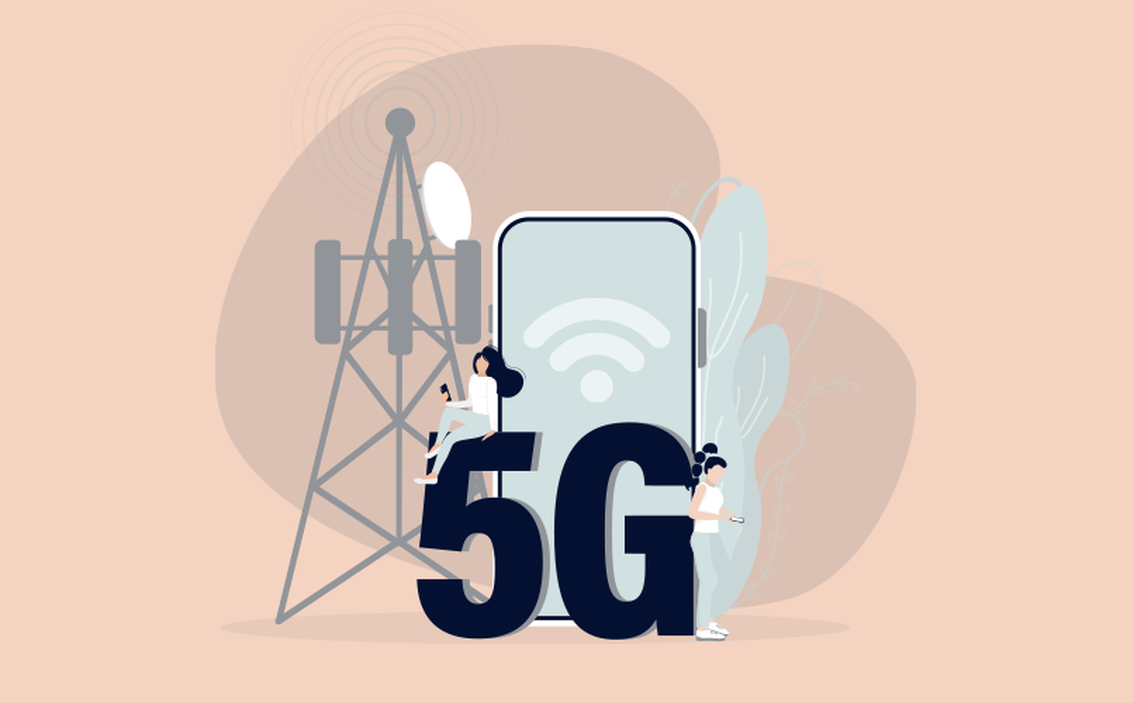 Illustration of two people interacting with a large 5G text in front of a smartphone, symbolizing wireless technology. A cellular tower stands in the background, highlighting the connection to 5G networks. The background is a soft peach color with abstract shapes.