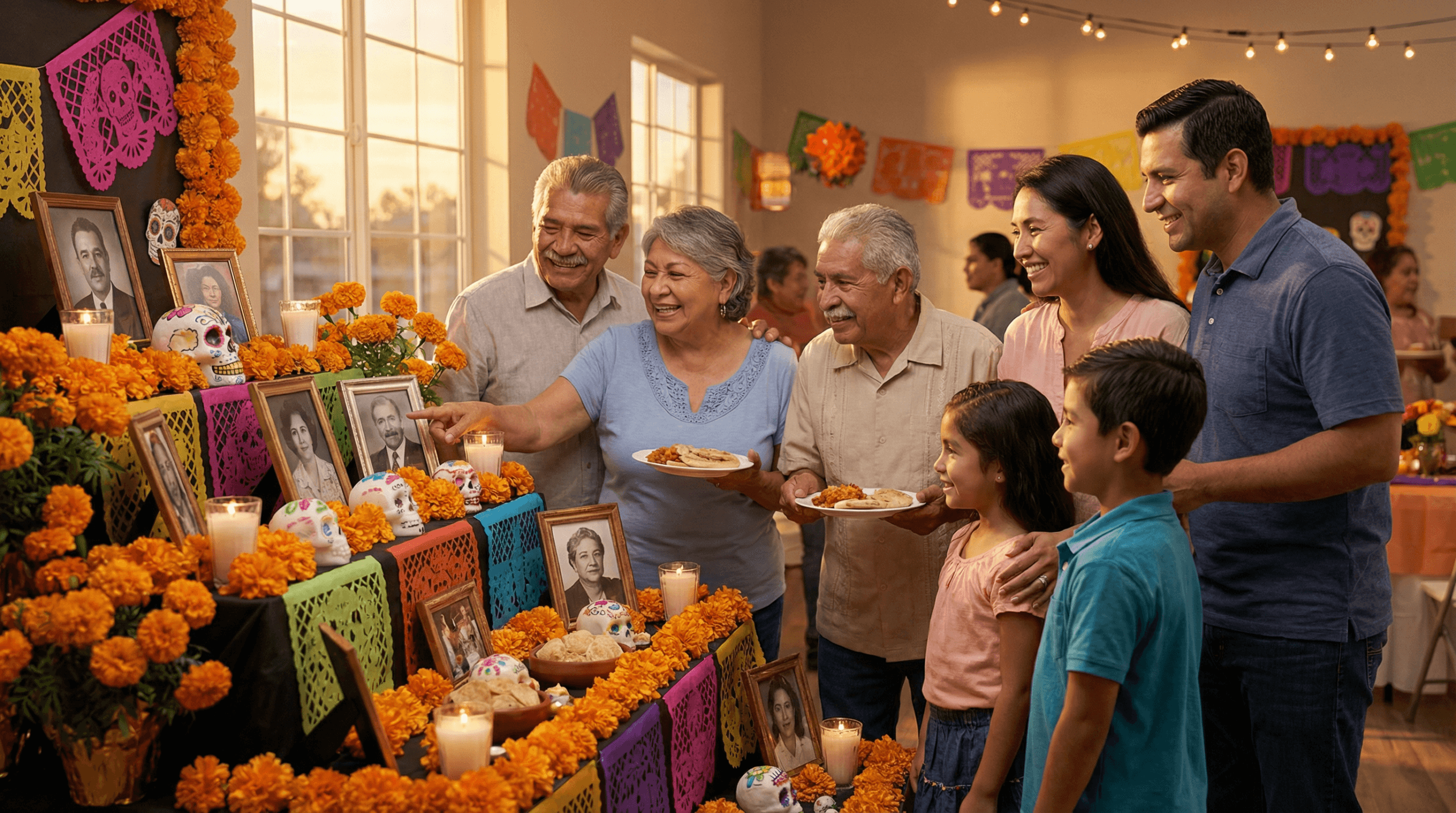 A multigenerational Hispanic family gathers around a colorful Day of the Dead altar, celebrating with marigolds, candles, and sugar skulls—reconnecting over what migrants miss most: cherished traditions and loved ones.
