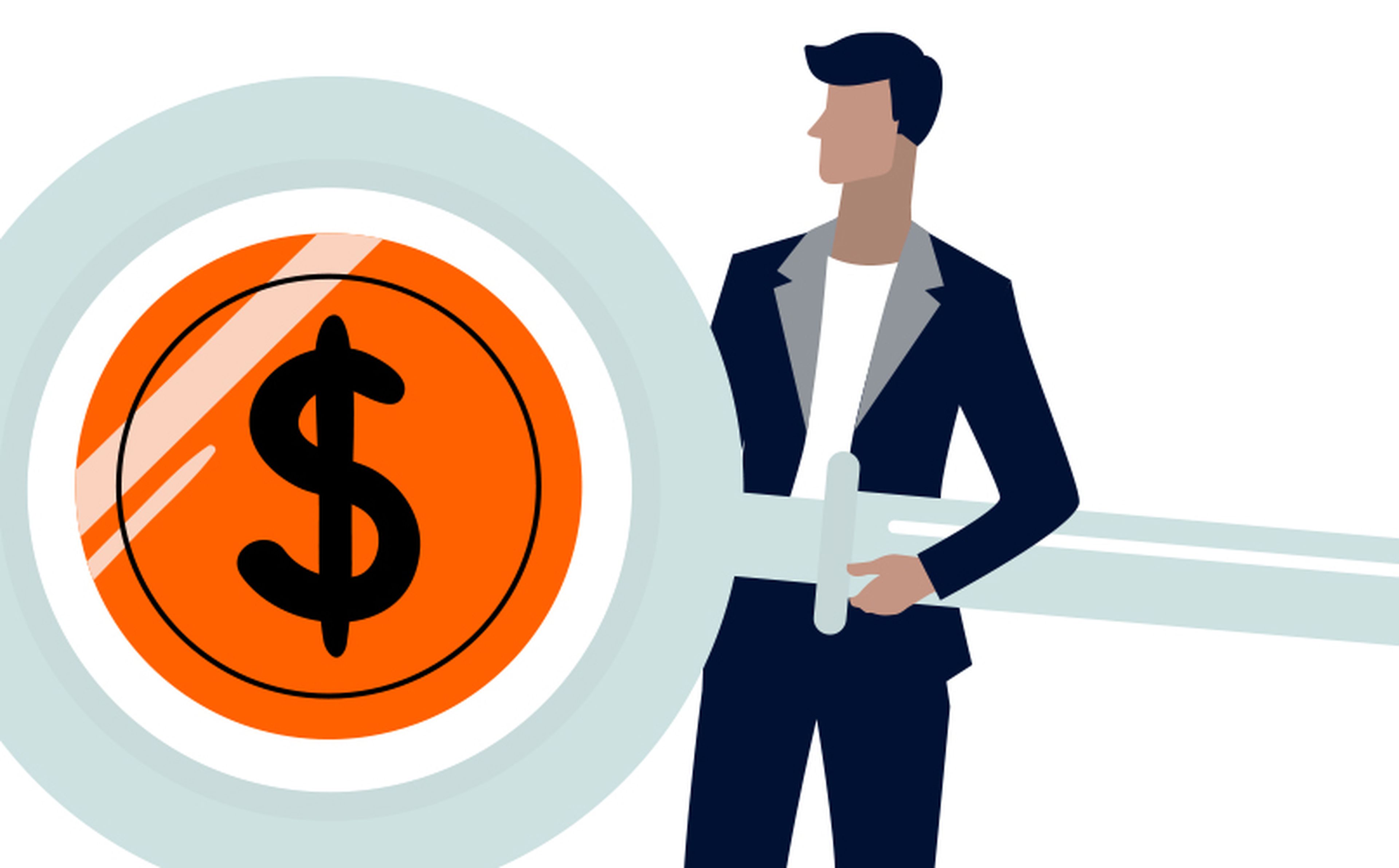 Illustration of a person in a suit holding a large magnifying glass with a dollar sign in the lens, symbolizing the concept of financial analysis or scrutiny.