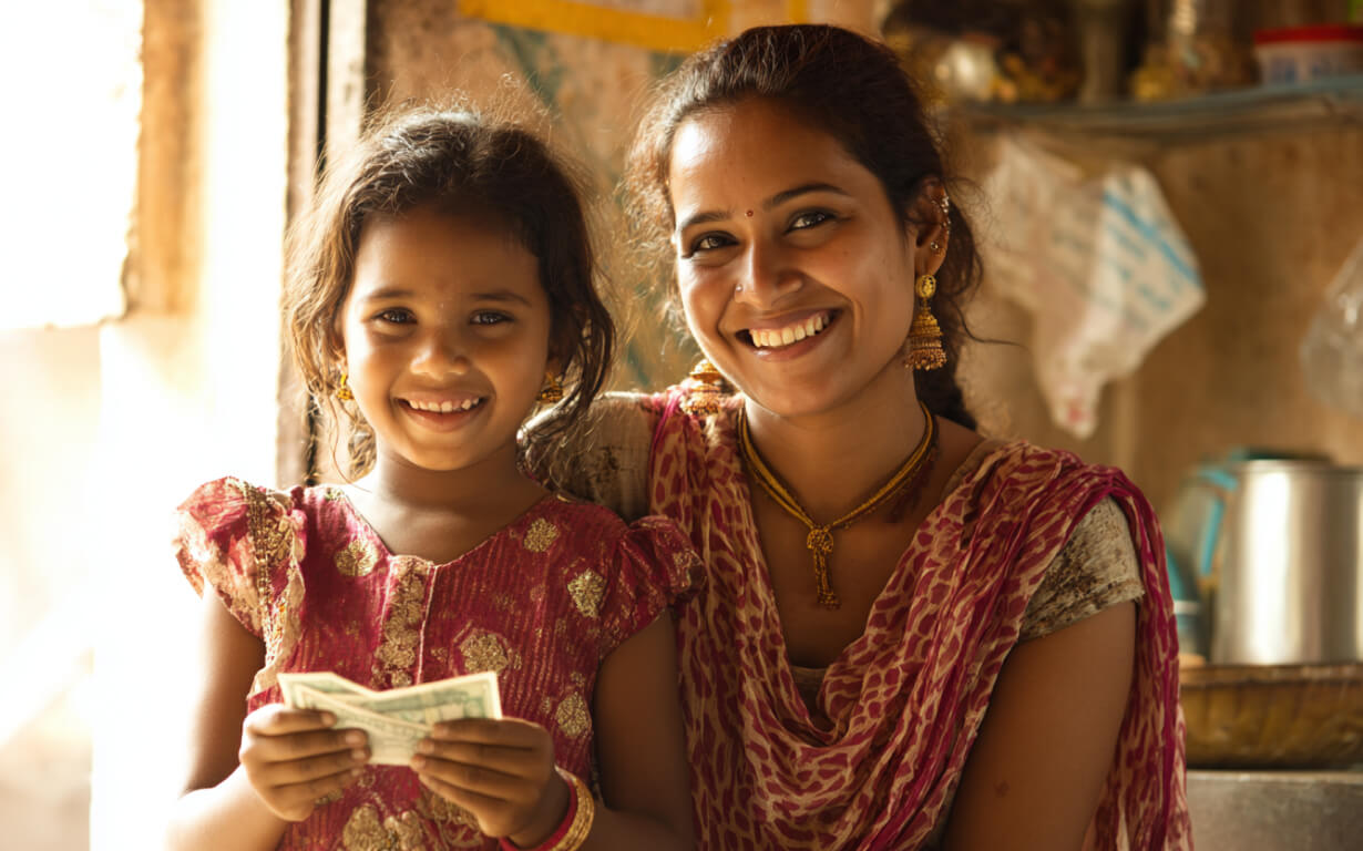 A smiling woman and young girl in colorful traditional clothing sit together indoors. The girl is holding paper money, both look happy as sunlight softly illuminates their faces—capturing the joy of families who send money to India.