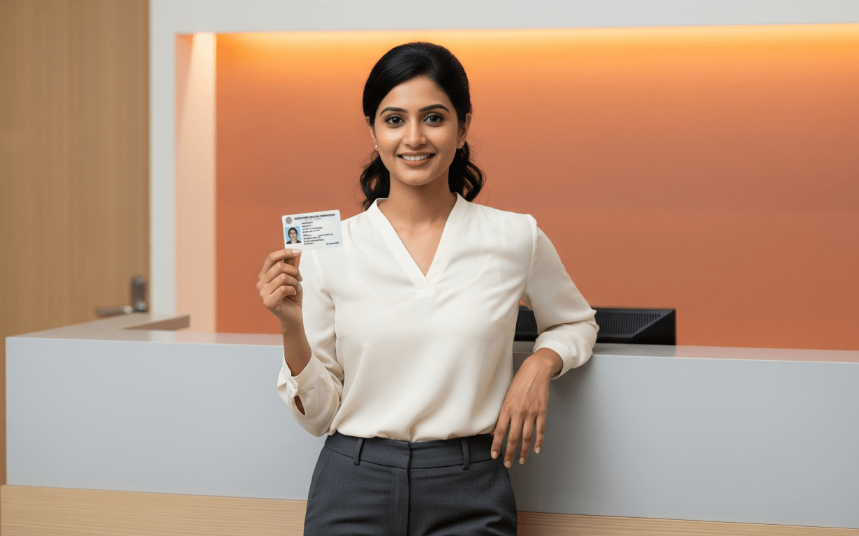 A woman in business attire stands at a reception desk, smiling and holding up an identification card with her photo visible—demonstrating how to use Ria for secure office access in a modern, softly lit workspace.