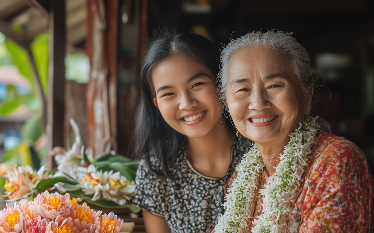 A young woman and an elderly woman smile together, surrounded by colorful flowers and garlands. The older woman wears a floral garland, evoking the joyful essence of how Mother's Day is celebrated in this cozy, natural setting.