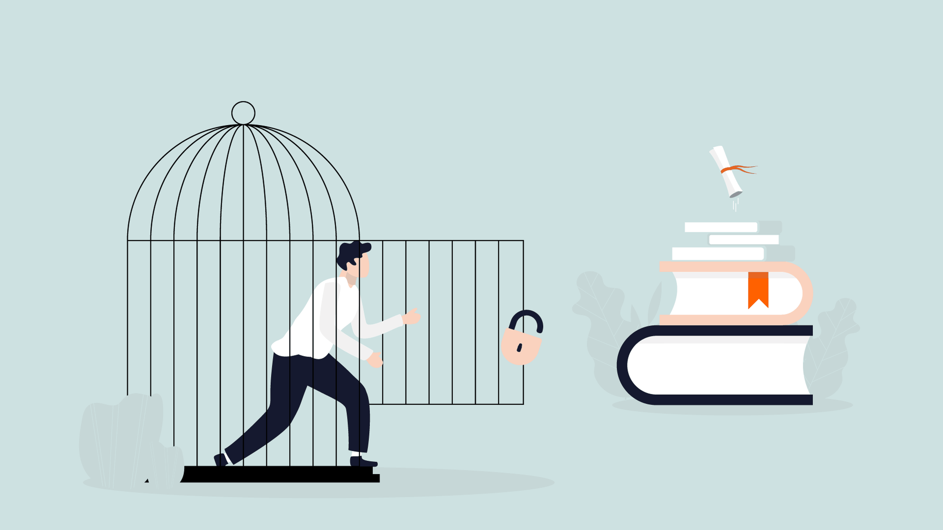 A person running out of an unlocked birdcage towards a stack of books topped with a diploma, symbolizing freedom from learning poverty through education. The birdcage door is open with a removed lock hanging beside it. The background is light blue.