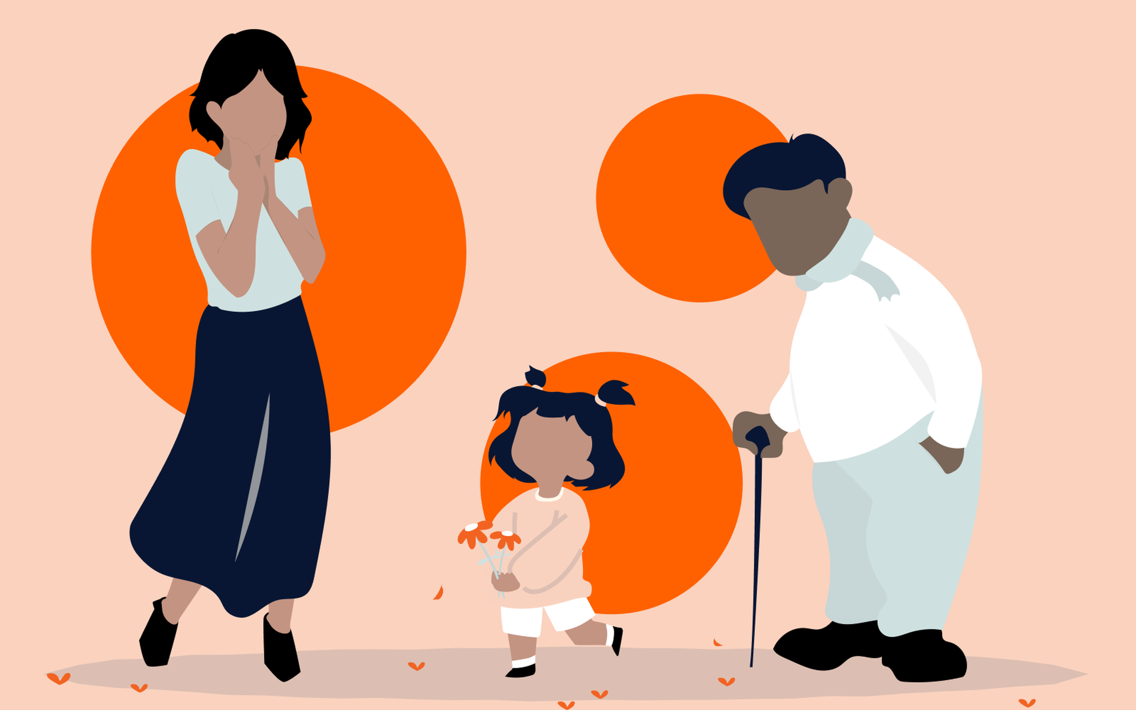 Illustration of three family members. A standing woman with black hair holds her hands to her mouth. A child with pigtails walks while holding a toy. An elderly person with a cane stands beside them. Two large orange circles and small hearts are in the background.