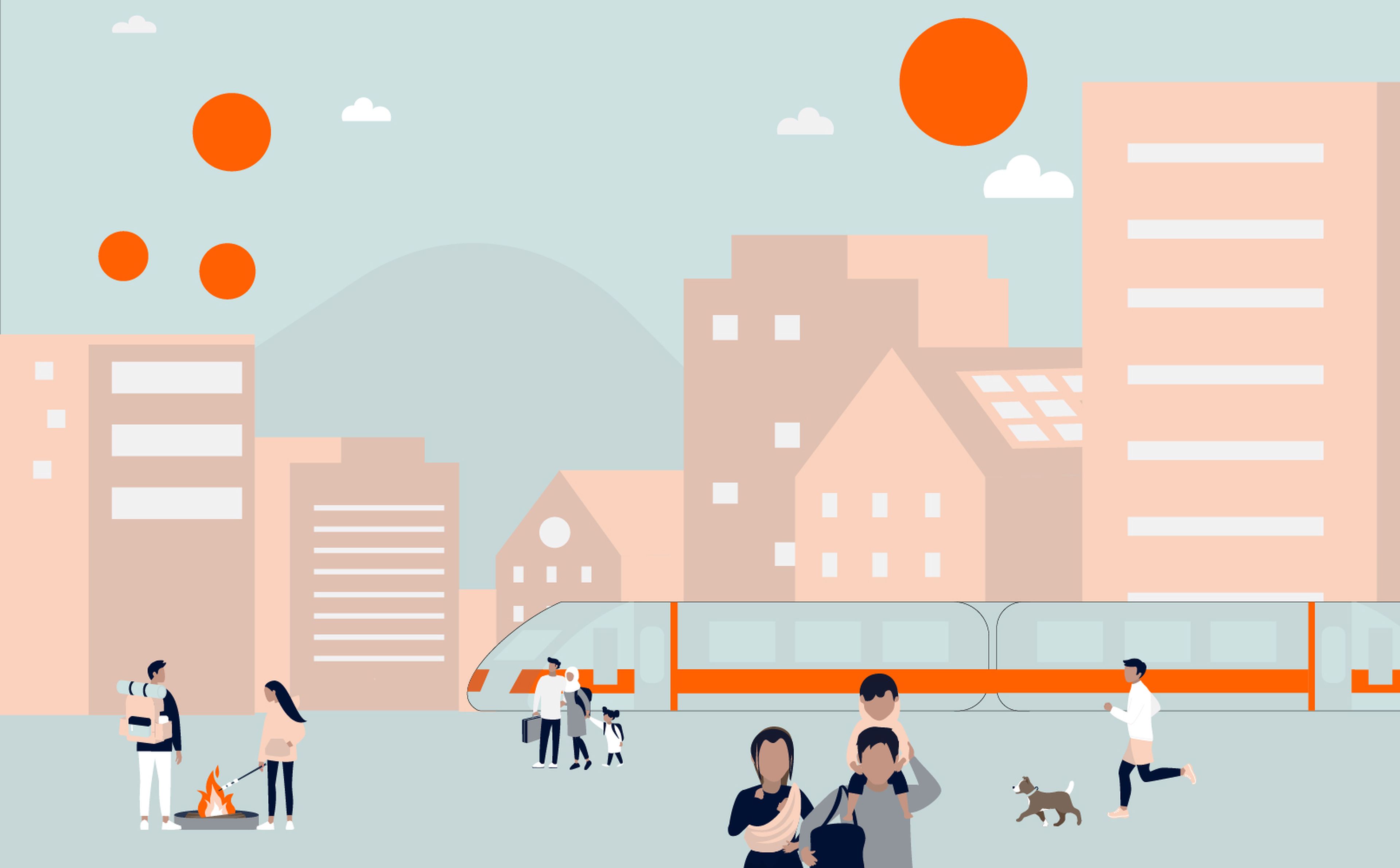 Illustration of a city with people engaging in various activities. Buildings and a train are in the background. One group is gathered around a campfire, another is walking, a person is jogging with a dog, and a couple is chatting. The sky is blue with orange suns.