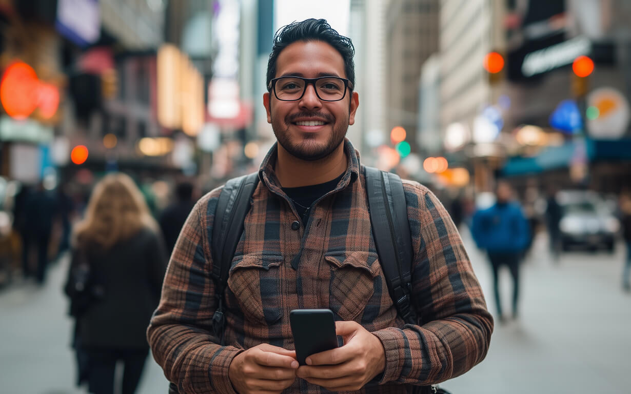 A person in glasses and a plaid shirt smiles while holding a phone, perhaps checking international money transfer limits in the US. They stand on a bustling city street with people moving around and blurred buildings and lights in the background.