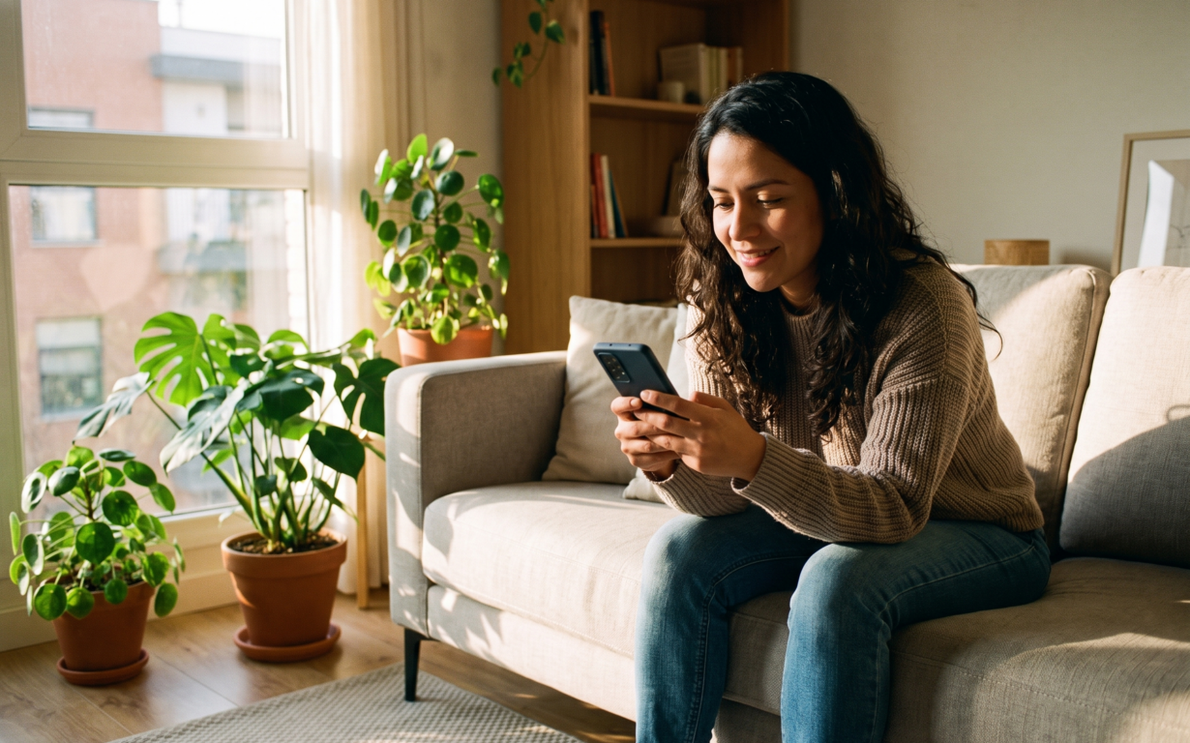 Woman smiling while checking her phone on a couch in a bright living room with potted plants and wooden shelving.