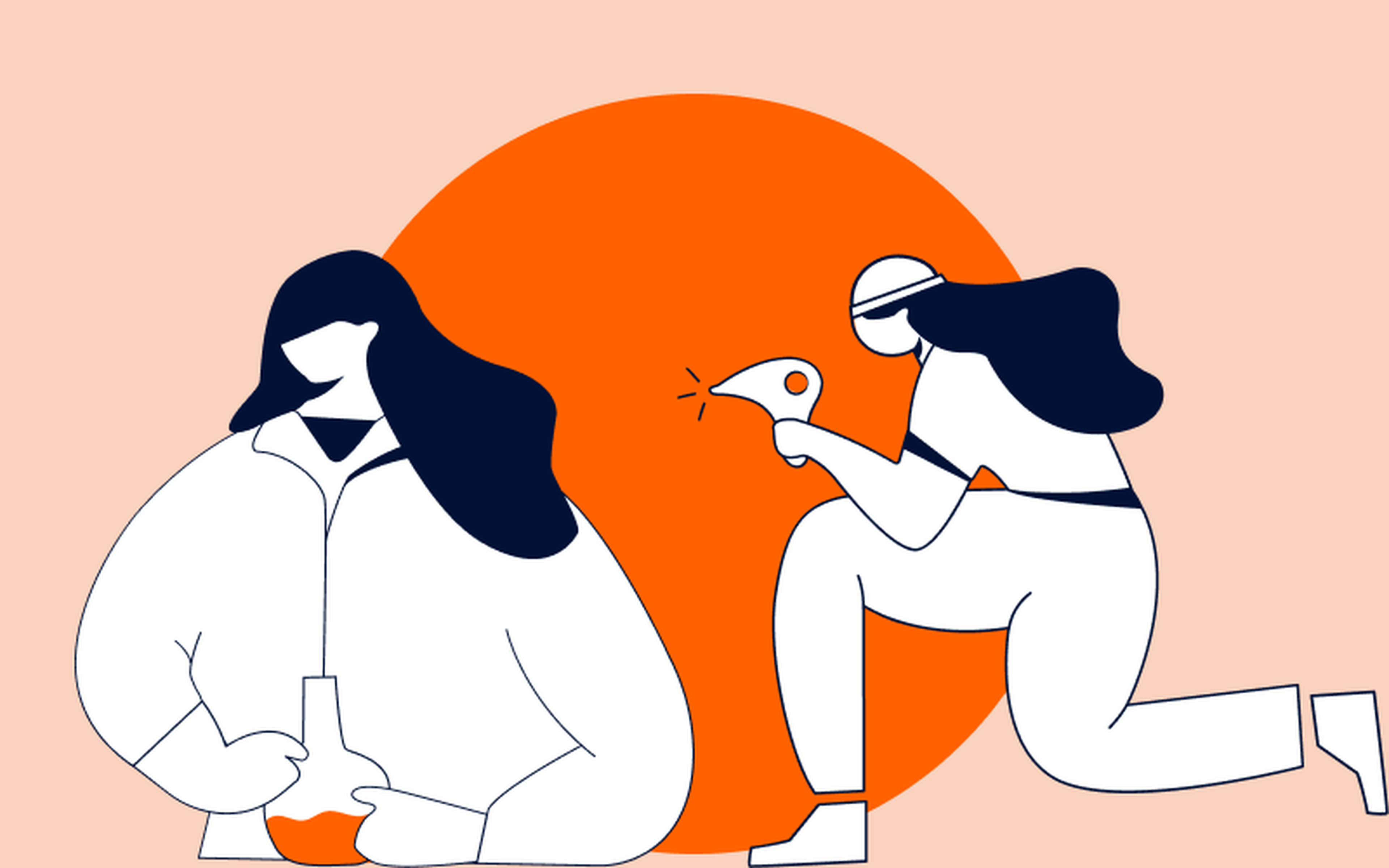 Illustration of two figures. One on the left is holding laboratory equipment, while the one on the right is kneeling and using a drill. Both have long hair, and the background features an orange circle. The overall theme suggests scientific or technical work.