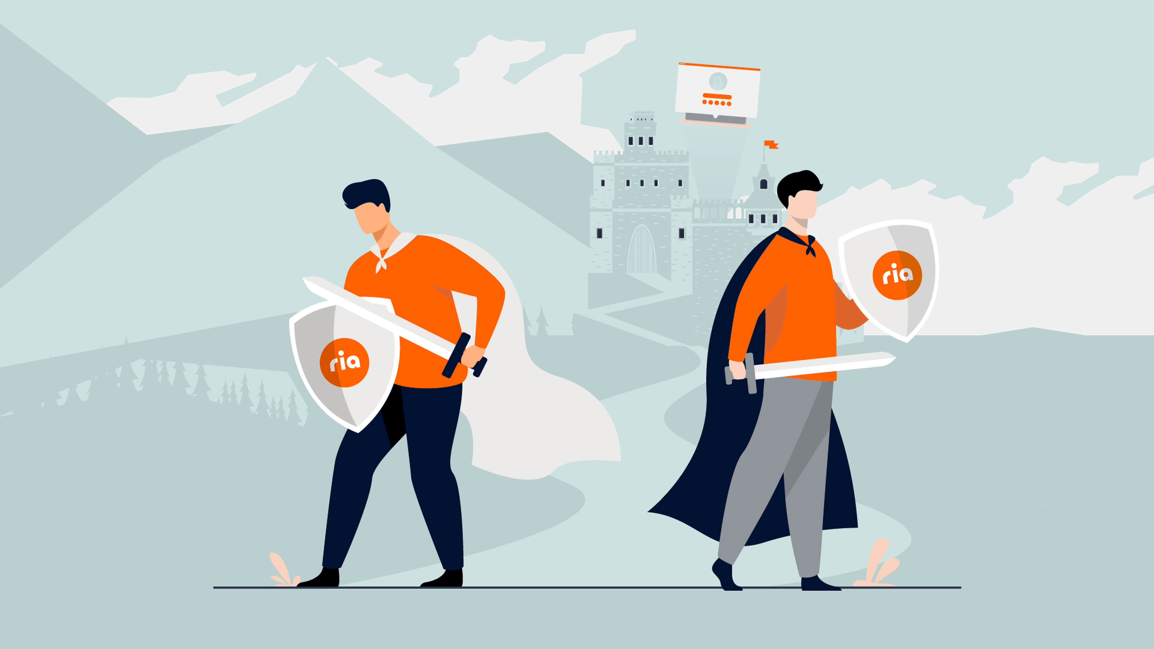 Two illustrated men in orange shirts, holding shields labeled "ria" and swords, stand ready for battle near a castle with mountains behind them—symbolizing data protection as they defend against threats. One wears a cape, both appear vigilant.
