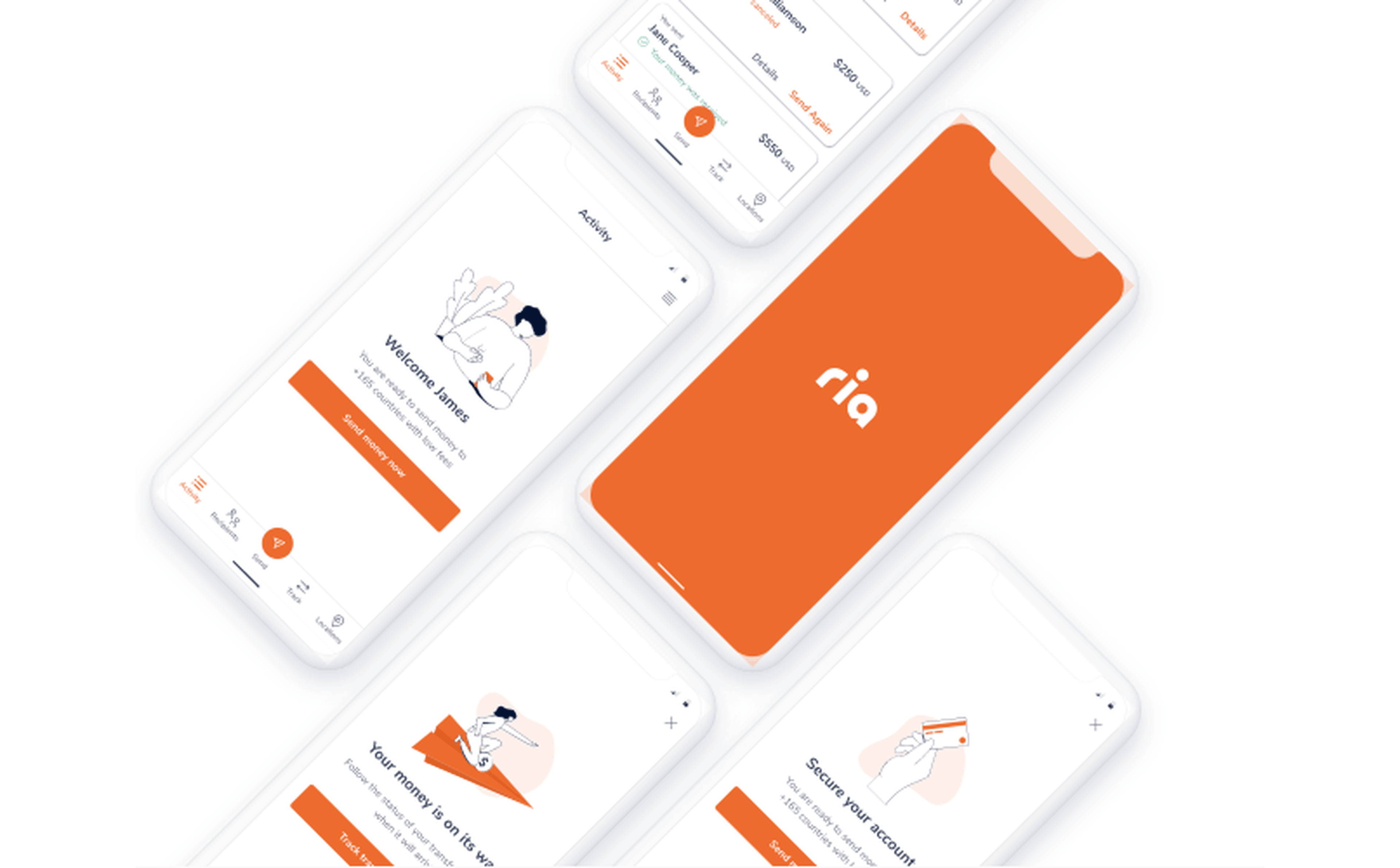 Image of five smartphones displaying various screens from the Ria Money Transfer app, including the app's title screen, account setup instructions, and activities. The screens feature a clean design with white backgrounds and orange accents.