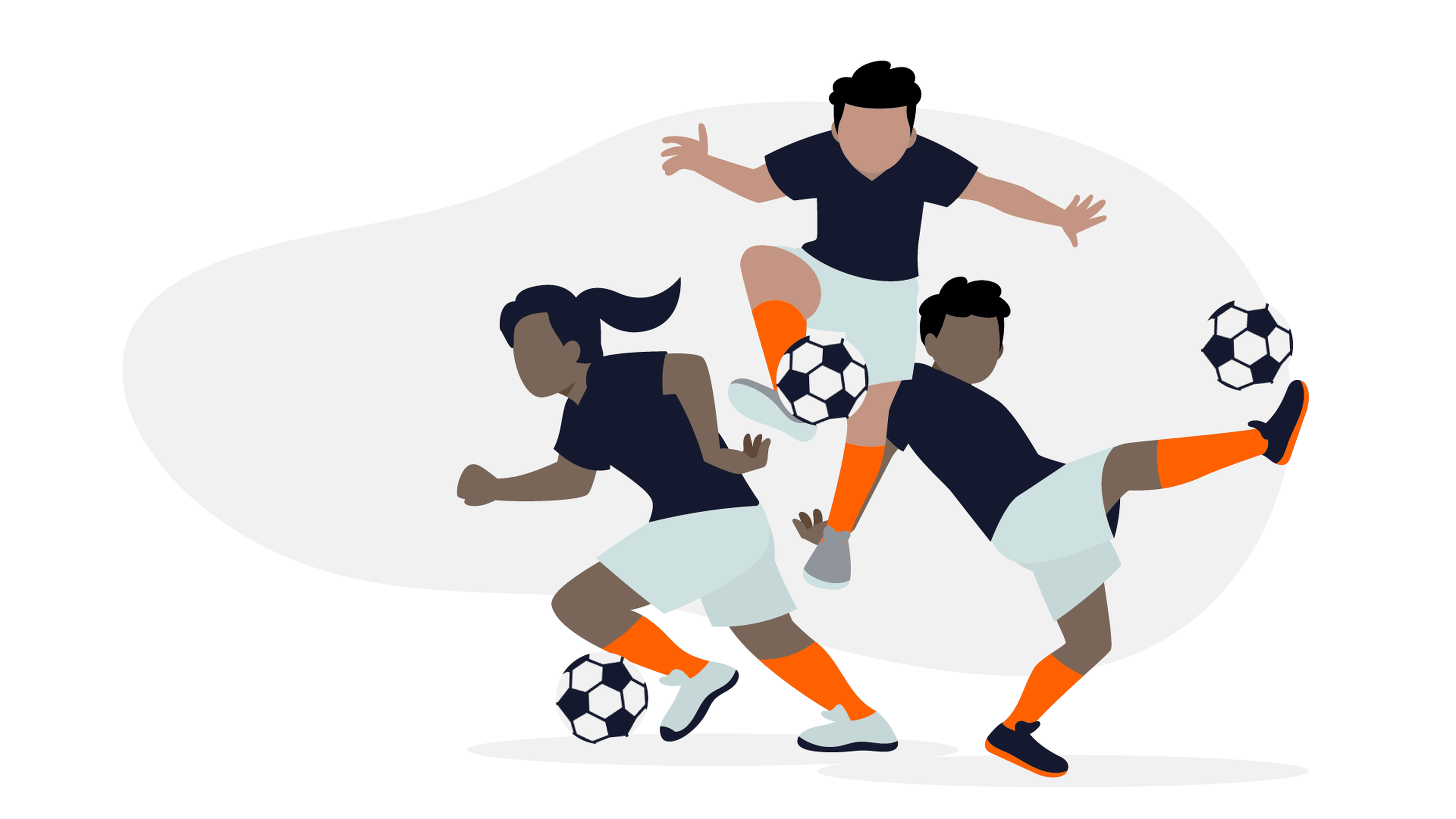 Illustration of three soccer players in black jerseys, white shorts, and orange socks. The player on the left is running with the ball, the one in the middle is jumping, and the one on the right is kicking. Set against a backdrop reminiscent of Dreamers Village, all wear black shoes.