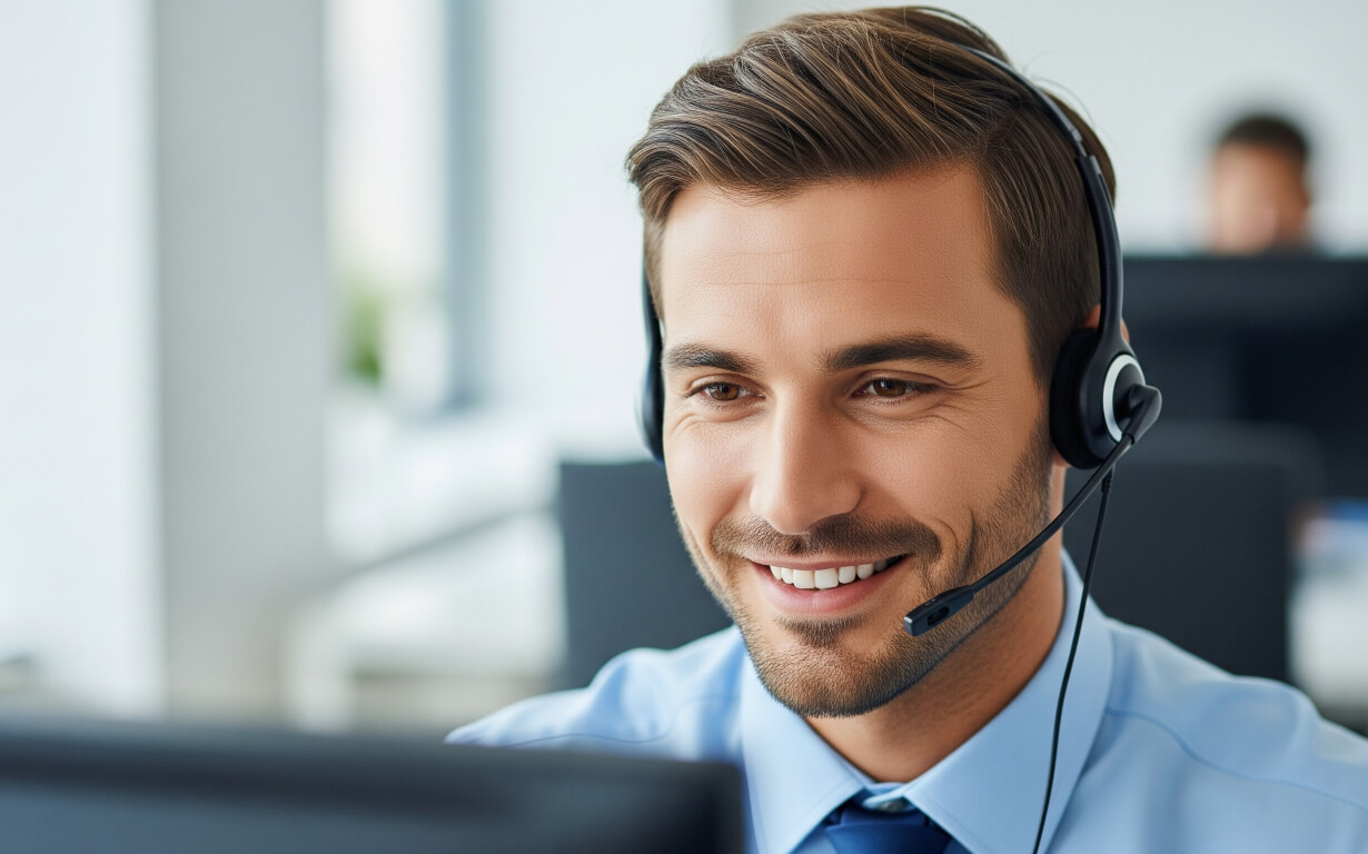 A smiling man wearing a headset sits at a desk, looking at a computer screen in a modern office environment, suggesting he is assisting a customer whose money transfer was canceled.