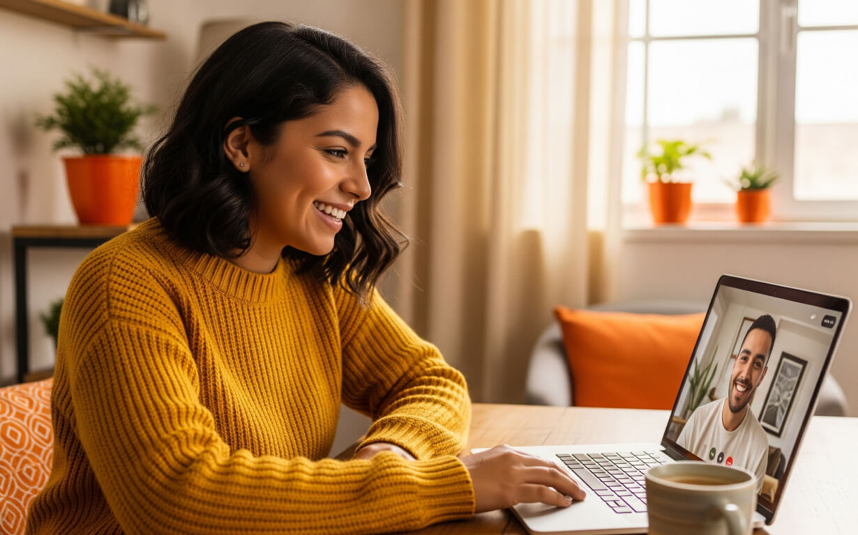 A woman in a yellow sweater smiles while video chatting with a man on her laptop in a cozy, sunlit room. As plants and orange accents brighten the space, she checks her coffee mug and Track Ria Transfer on the table beside her.