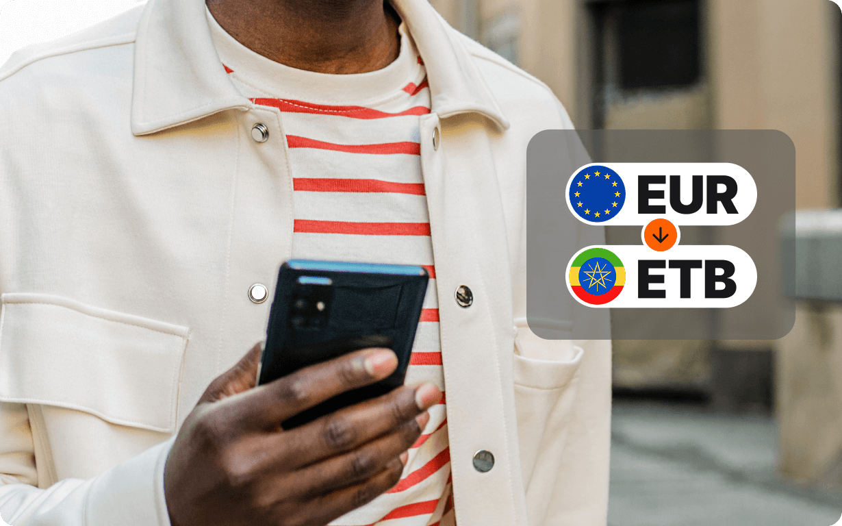 A person in a white jacket and striped shirt holds a smartphone. On the right, an overlay shows a currency exchange from EUR (Euro) to ETB (Ethiopian Birr) with European Union and Ethiopian flags.