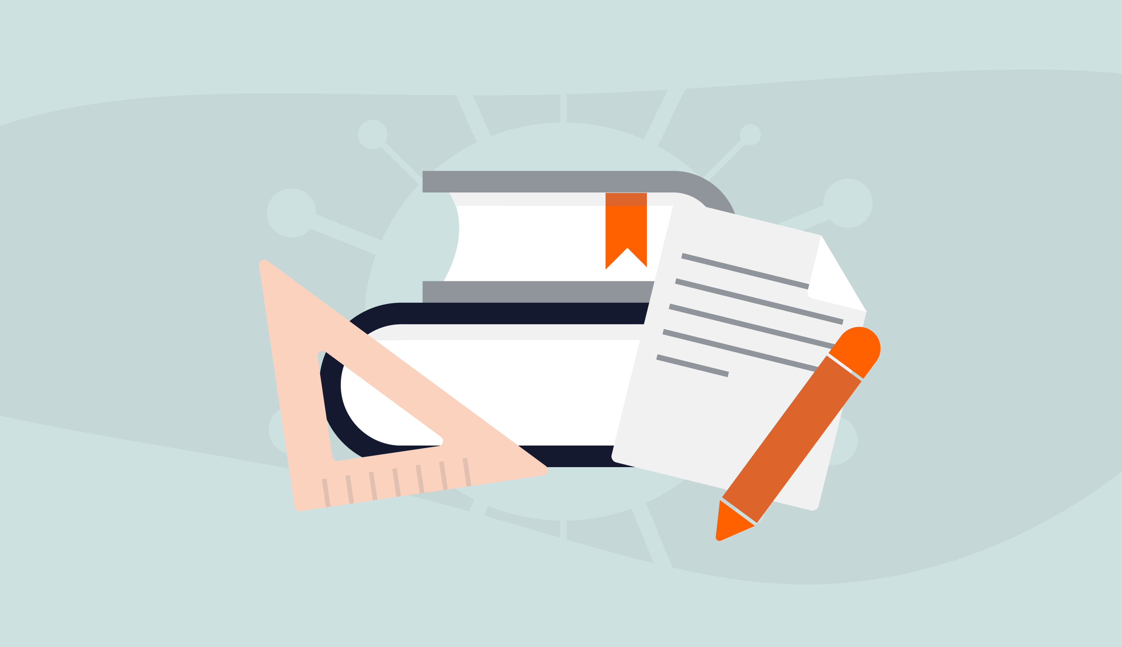 Illustration of stacked books with an orange bookmark, a piece of paper with lines, an orange pen, and a triangular ruler on a light blue background.