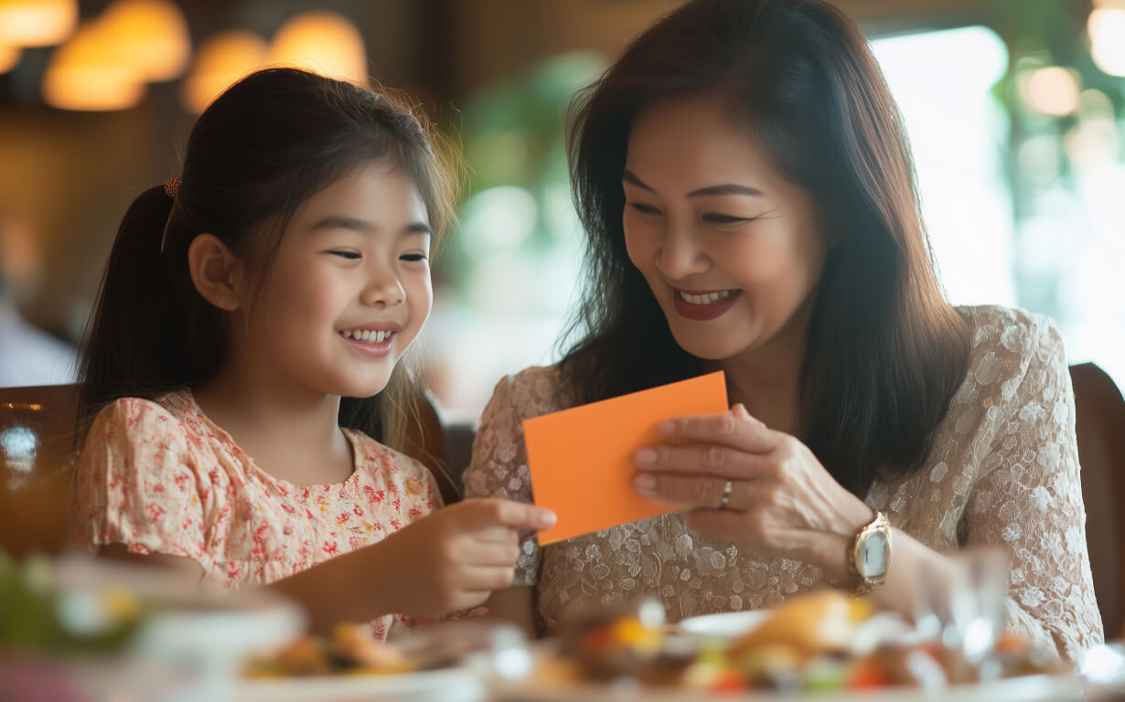 A woman and a young girl smile warmly at a table in a cozy restaurant. The woman holds an orange card, while the girl looks on with joy. Plates of delicious food are blurred in the foreground.