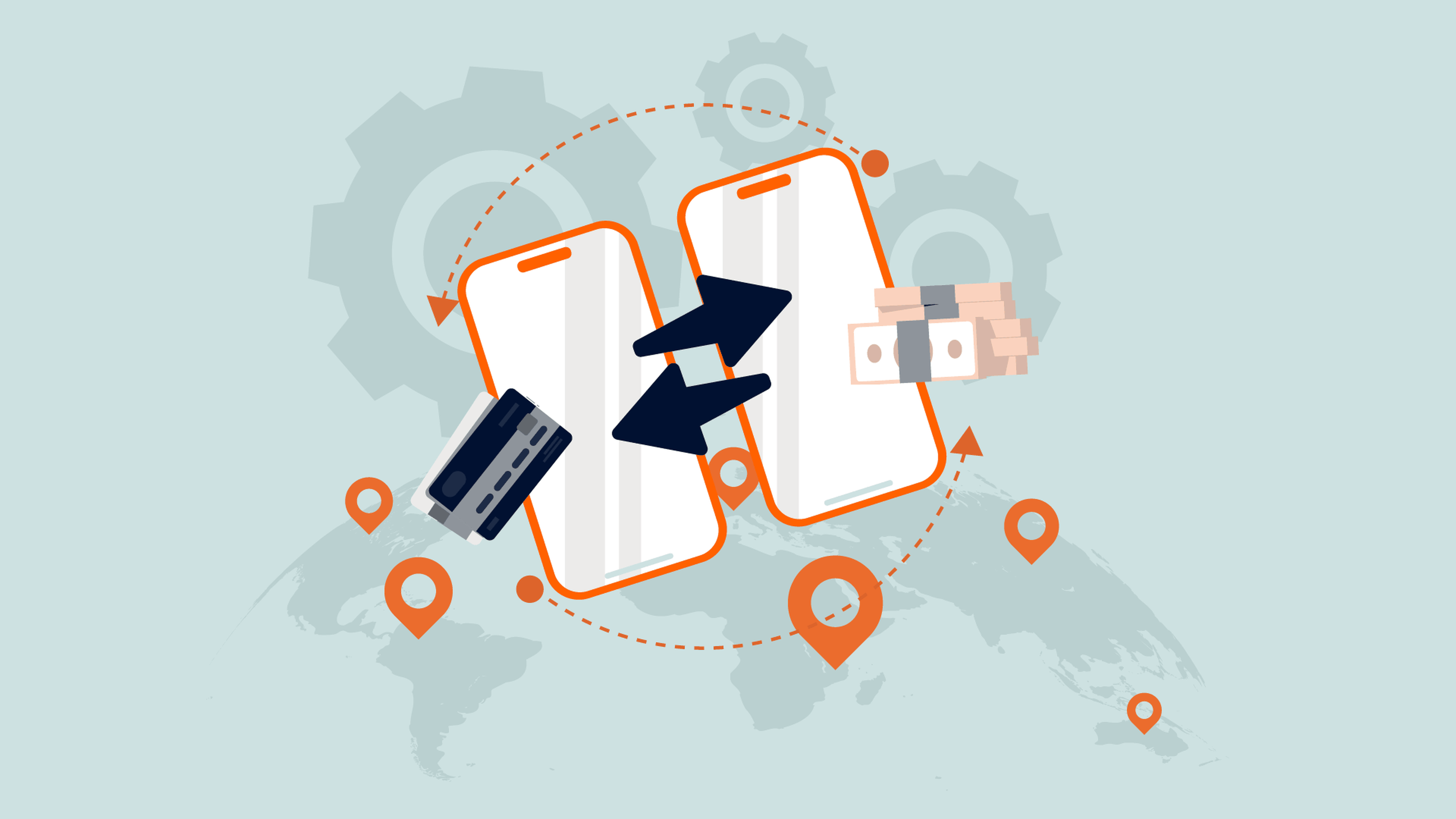 Illustration of two smartphones with arrows between them, surrounded by icons of a credit card, cash, gears, and location pins on a world map background, representing digital money transfer and remittance regulations.