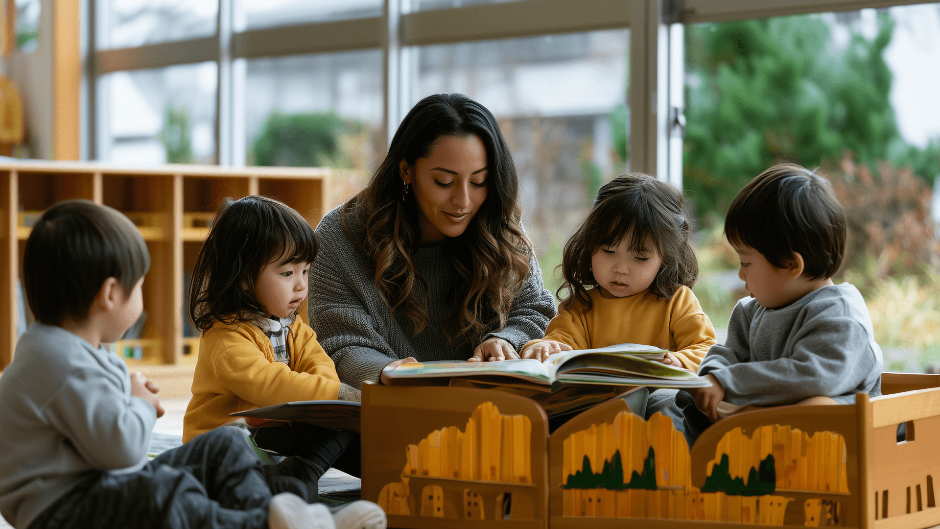 A woman sits on the floor in a bright classroom, reading a book to four young children gathered around her. The children are engaged and the classroom is decorated with wooden toys and large windows showing greenery outside.