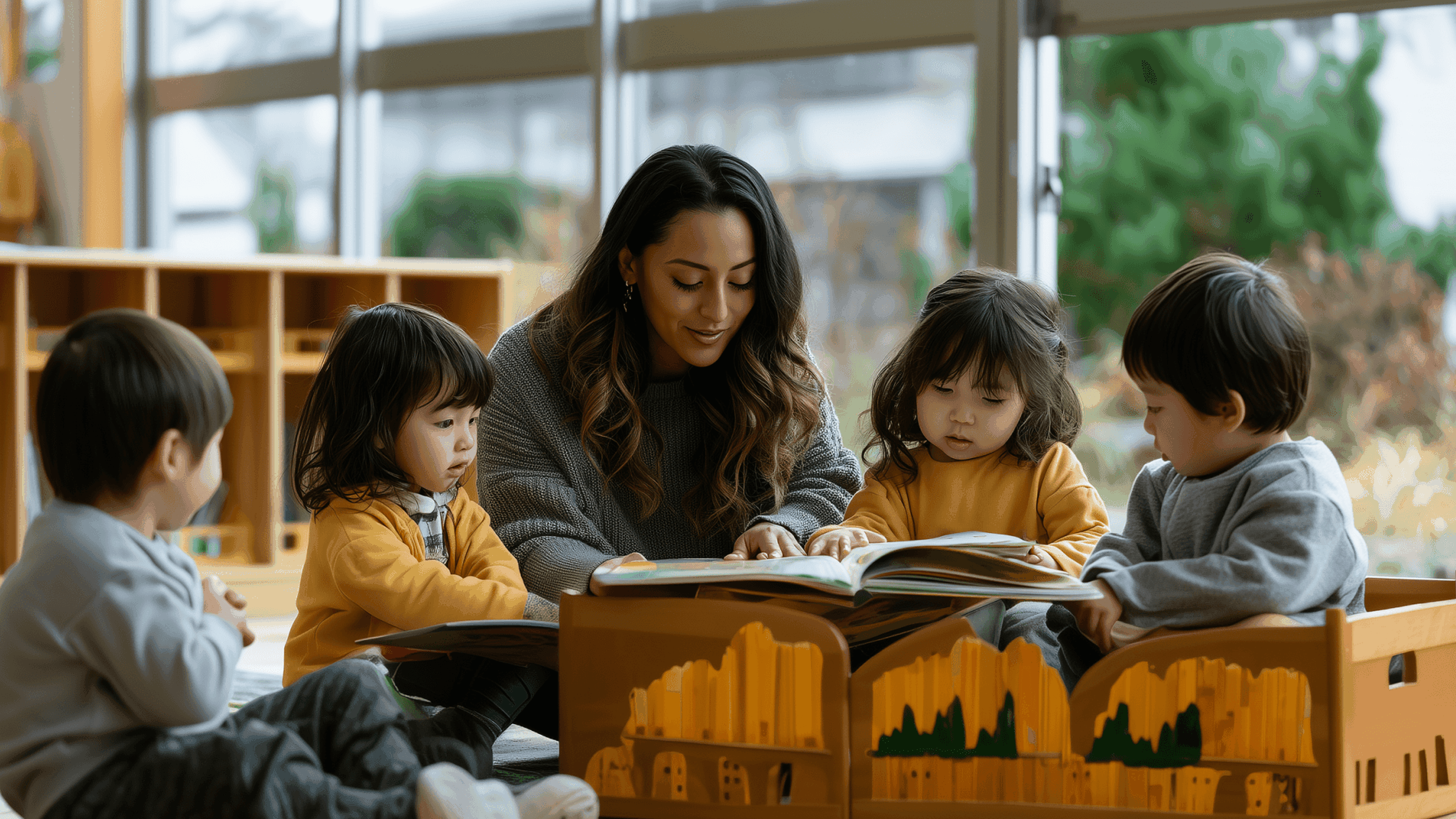 A woman sits on the floor in a bright classroom, reading a book to four young children gathered around her. The children are engaged and the classroom is decorated with wooden toys and large windows showing greenery outside.