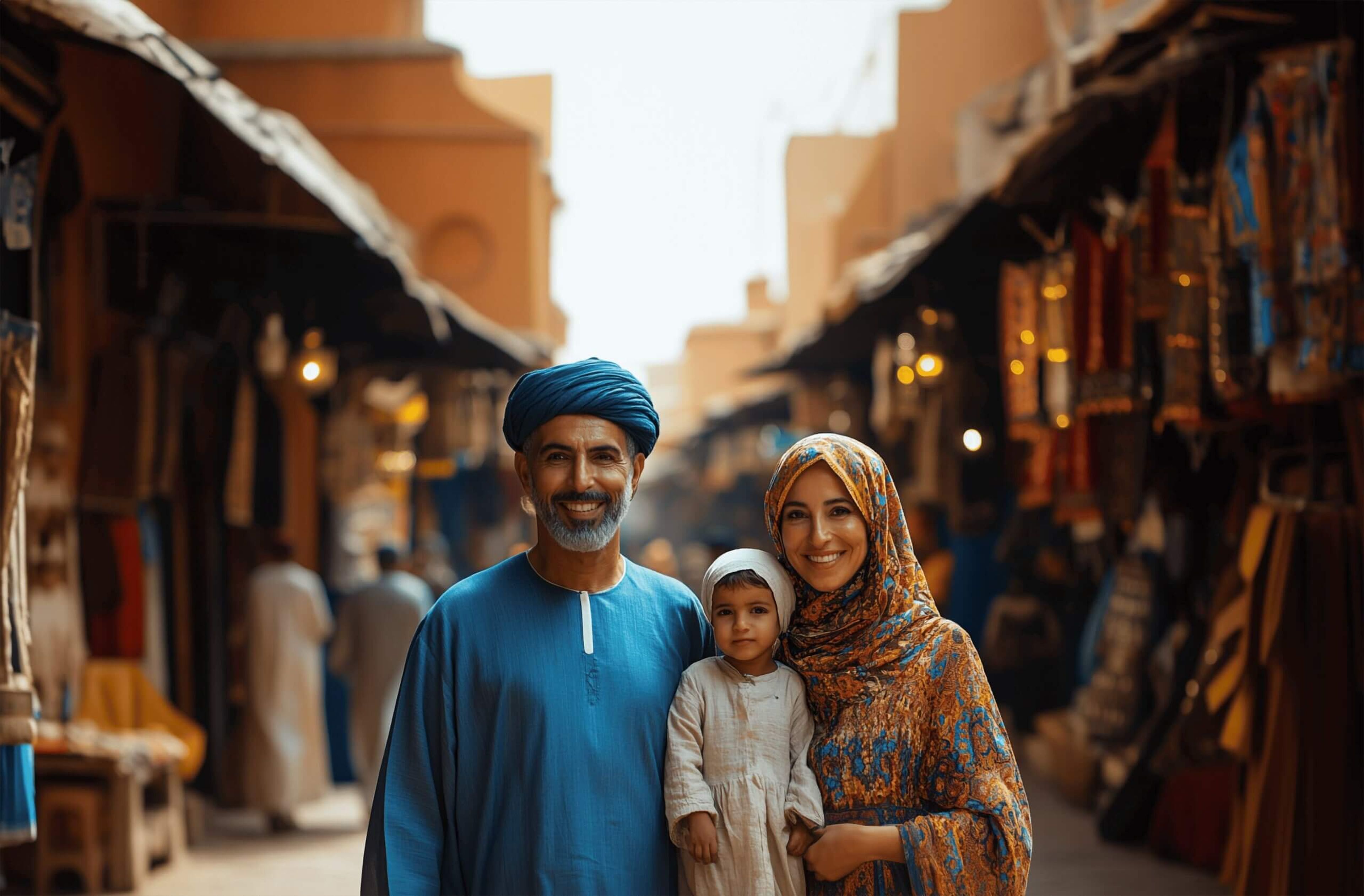 A smiling family stands in a vibrant outdoor market during a happy Ramadan. The man wears a blue robe and turban, the woman is in a colorful dress and hijab, and their child in white is held between them. Stalls with fabrics and goods line the bustling street.