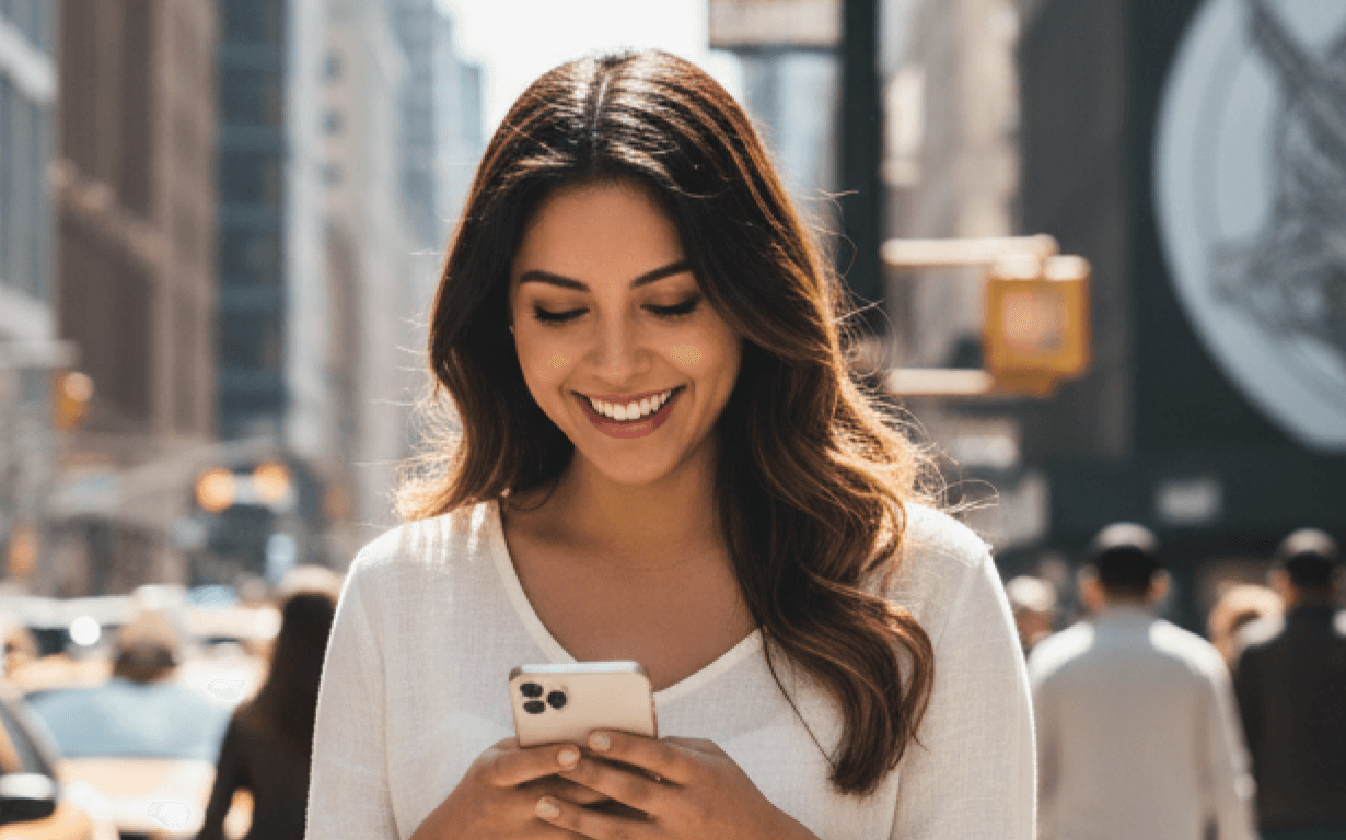 A young woman with long brown hair smiles while looking at her smartphone, standing outdoors on a sunny city street, perhaps about to send money to Peru, with buildings and people in the background.