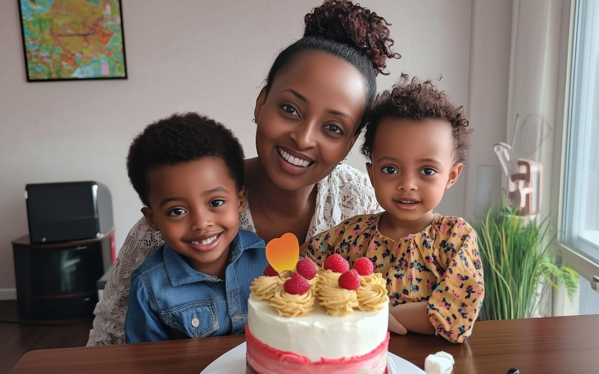 A smiling woman sits with two children at a table, celebrating Mother's Day. In front of them is a cake topped with raspberries and a small heart decoration. The setting appears cozy and bright, with a map on the wall and a plant nearby, capturing the warmth of this special day.