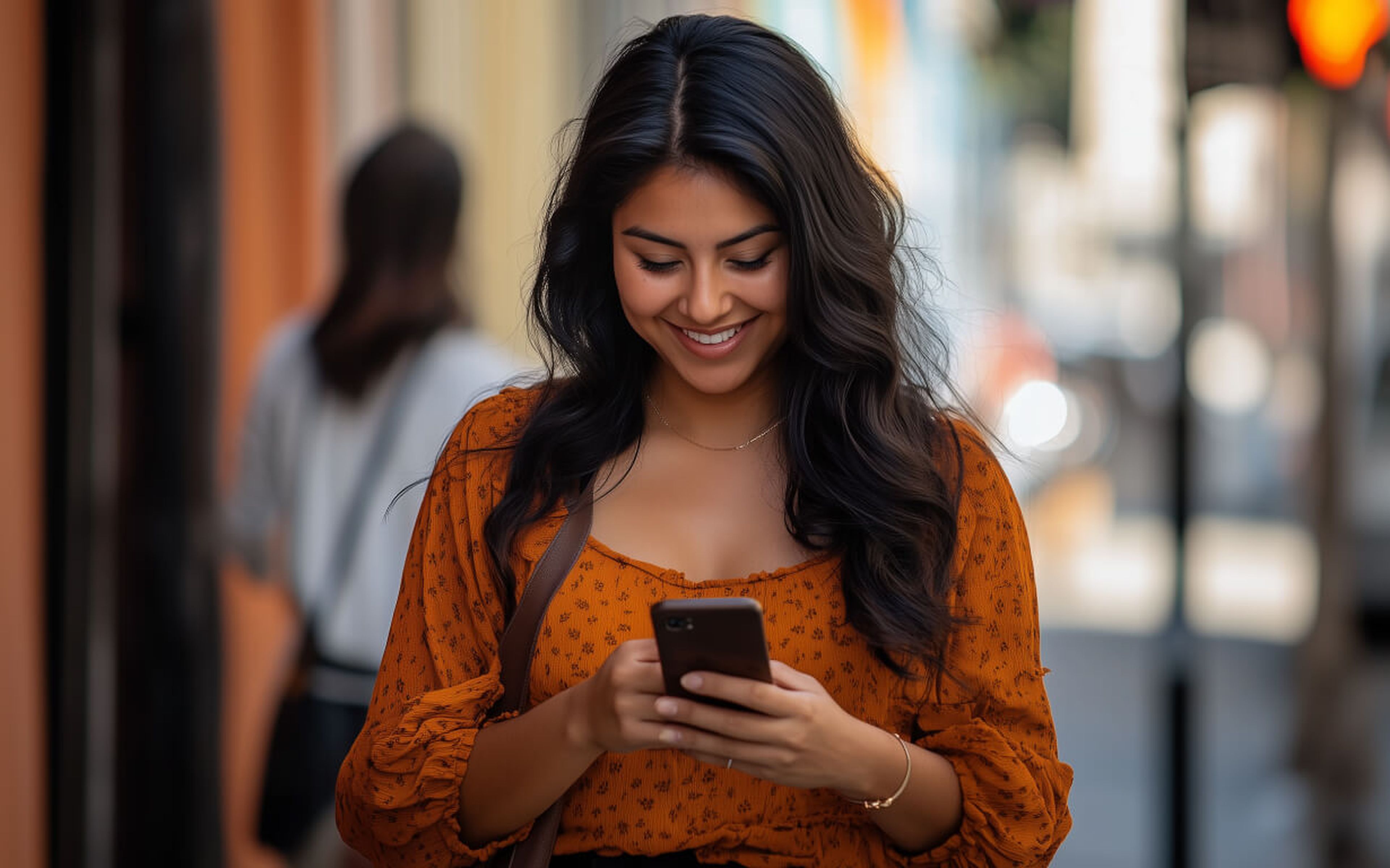 A woman with long dark hair, wearing an orange blouse, stands outdoors, smiling at a smartphone as she checks the international transfer limits in her banking app. The background reveals a blurred urban setting with another person walking by.