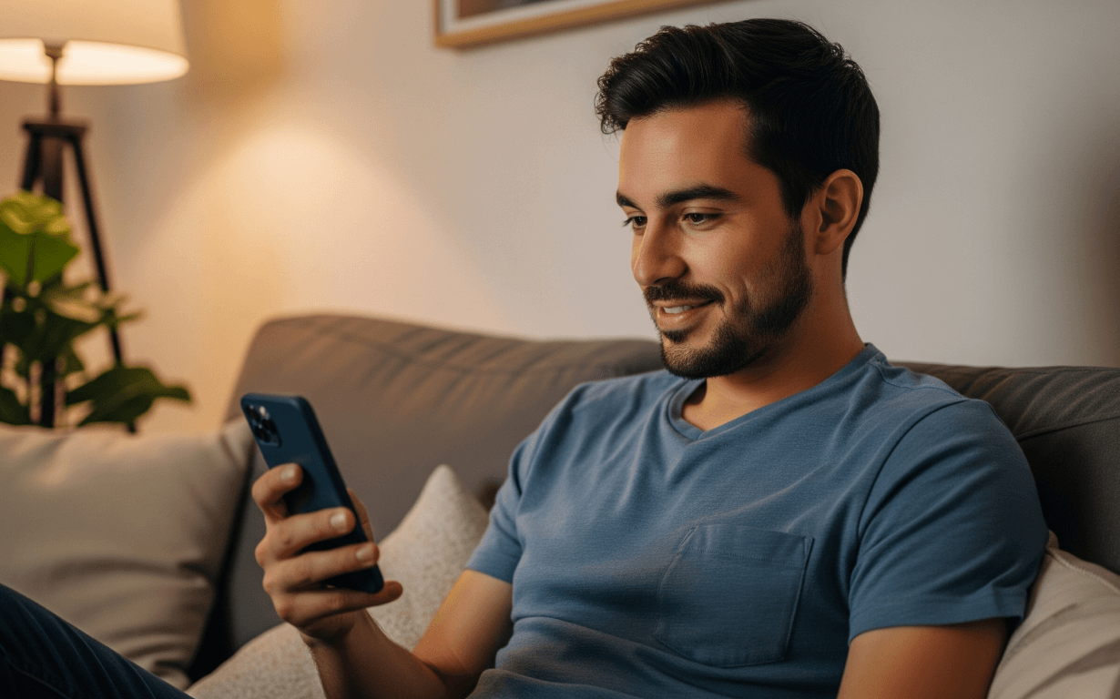 A man with dark hair and a short beard sits on a couch, smiling as he looks at his smartphone, perhaps reading about how to use Ria. He wears a light blue t-shirt, and there is a lamp and a plant in the softly lit background.