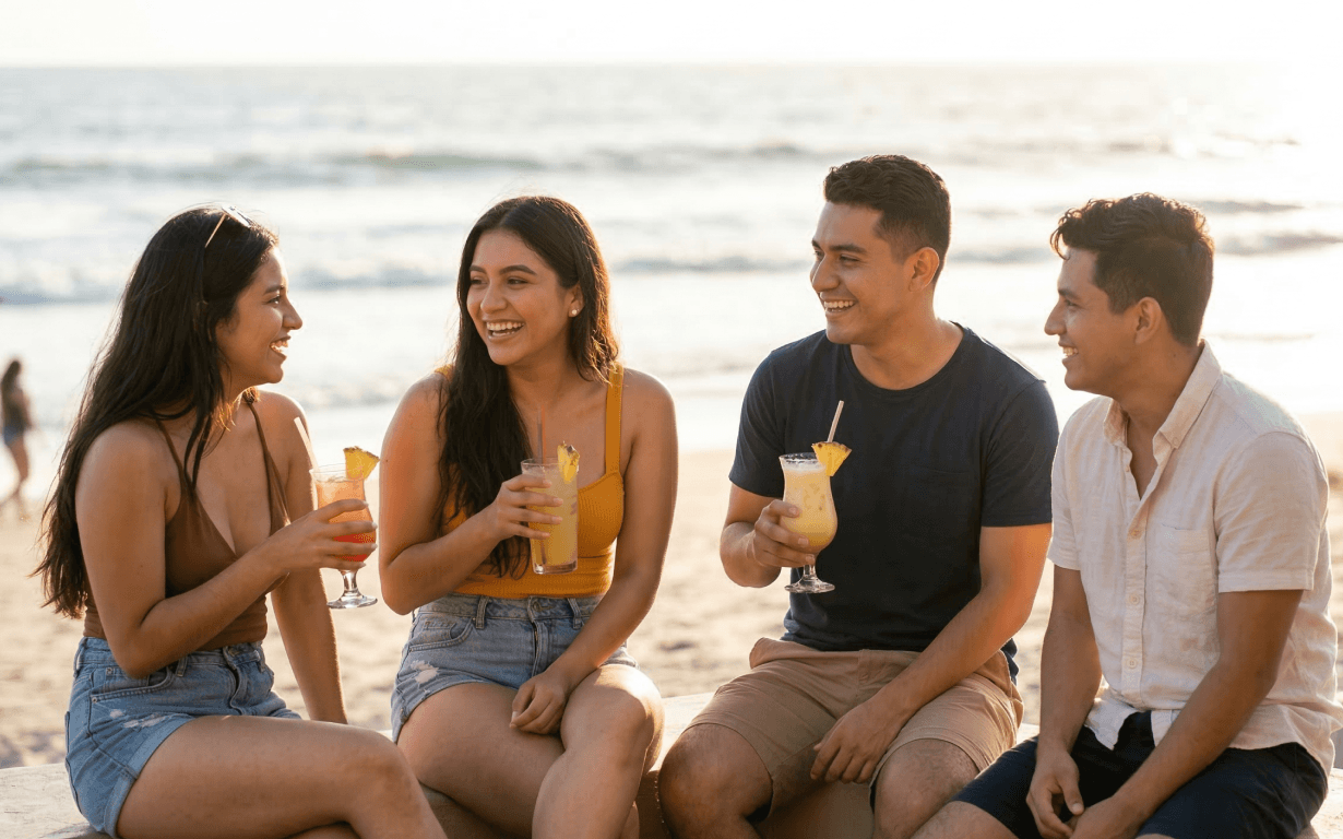 Four young adults sit together by the beach, smiling and holding tropical drinks with garnishes, enjoying a sunny day with the ocean in the background—celebrating after finding an easy way to send money to El Salvador.