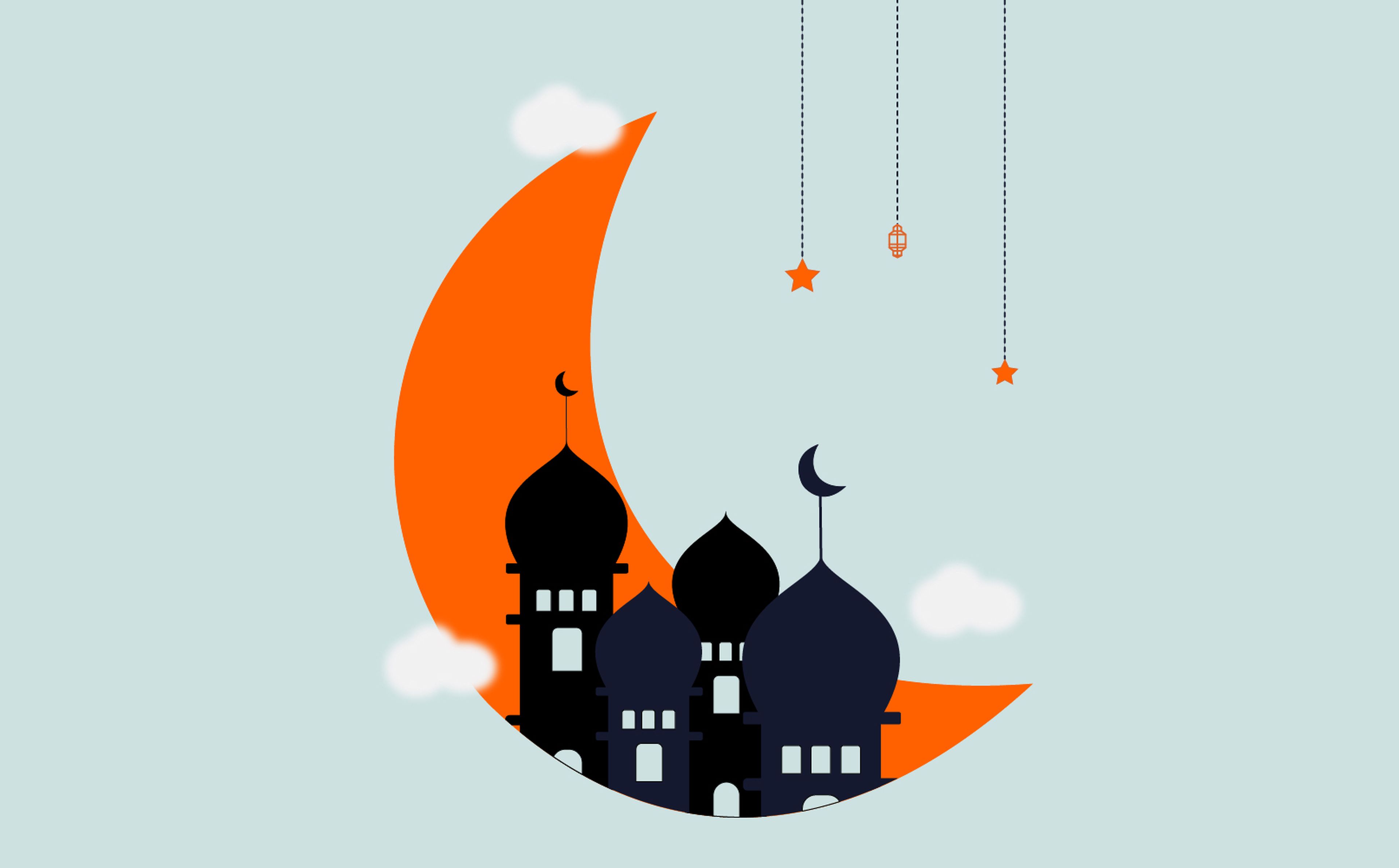 Illustration of a mosque with three domes against an orange crescent moon. Two small clouds and two hanging ornaments (a lantern and a star) add to the scene, evoking the serene atmosphere of Ramadan. The background is light blue.