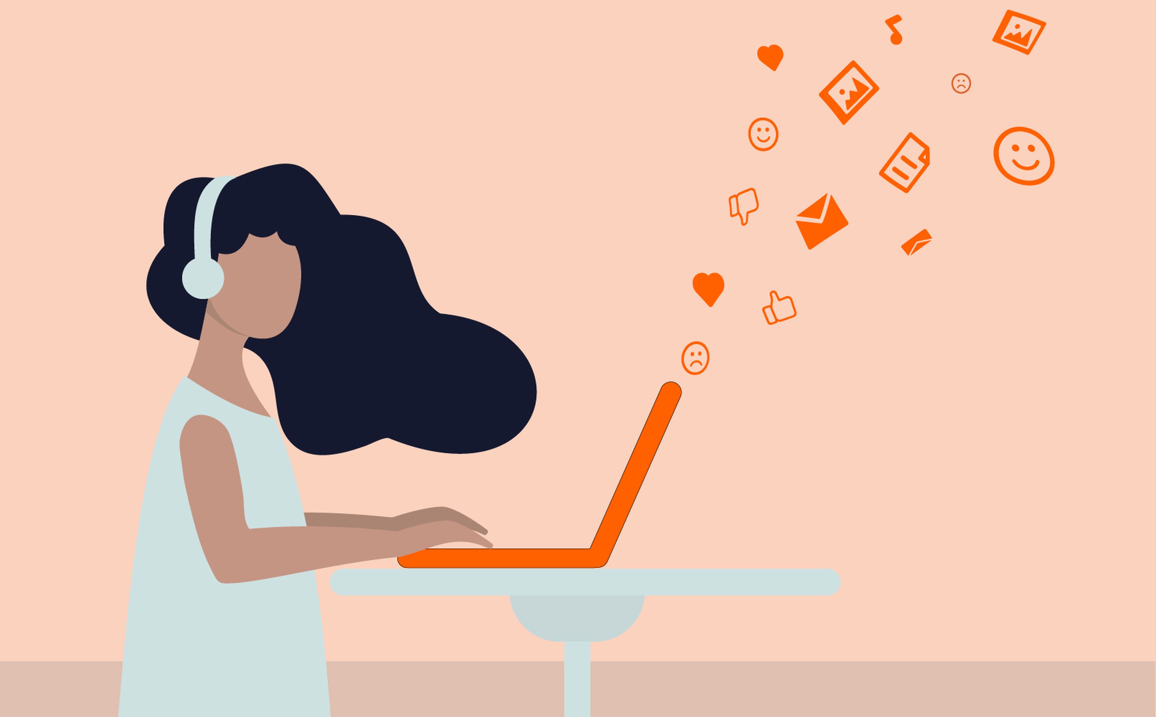 Illustration of a person with long hair and wearing headphones, sitting at a desk and using a laptop. Various social media icons like hearts, thumbs up, and smiles float above the laptop, indicating active engagement in online communication.