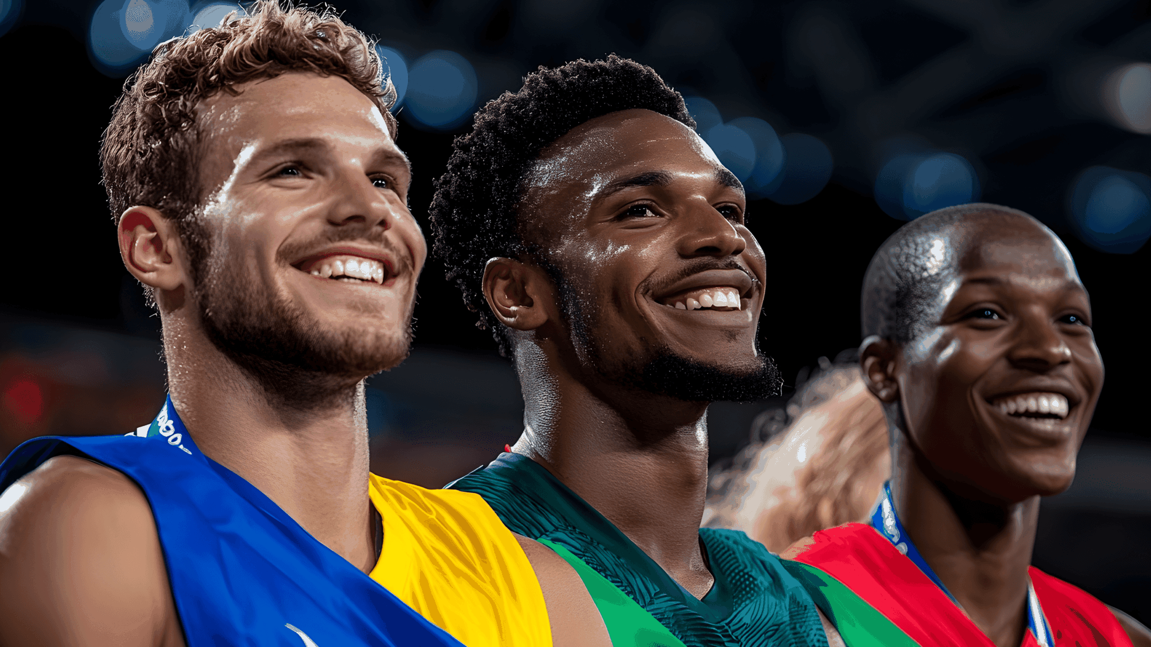 Three male athletes wearing medals and sports uniforms smile proudly, standing close together on a podium at an indoor stadium, celebrating their achievements.