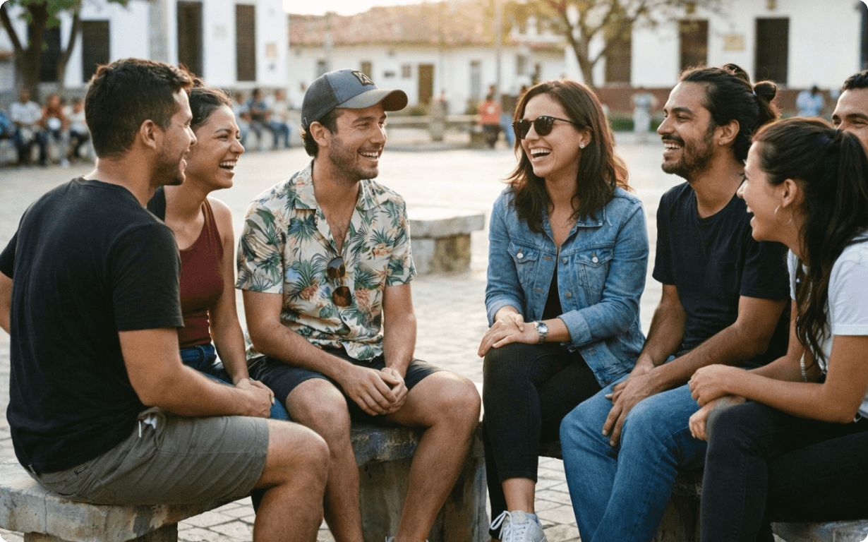 A group of seven young adults sit outdoors on stone benches, smiling and laughing together in a sunny, public square—perhaps sharing stories about how to send money to Venezuela. The background features blurred buildings and trees.