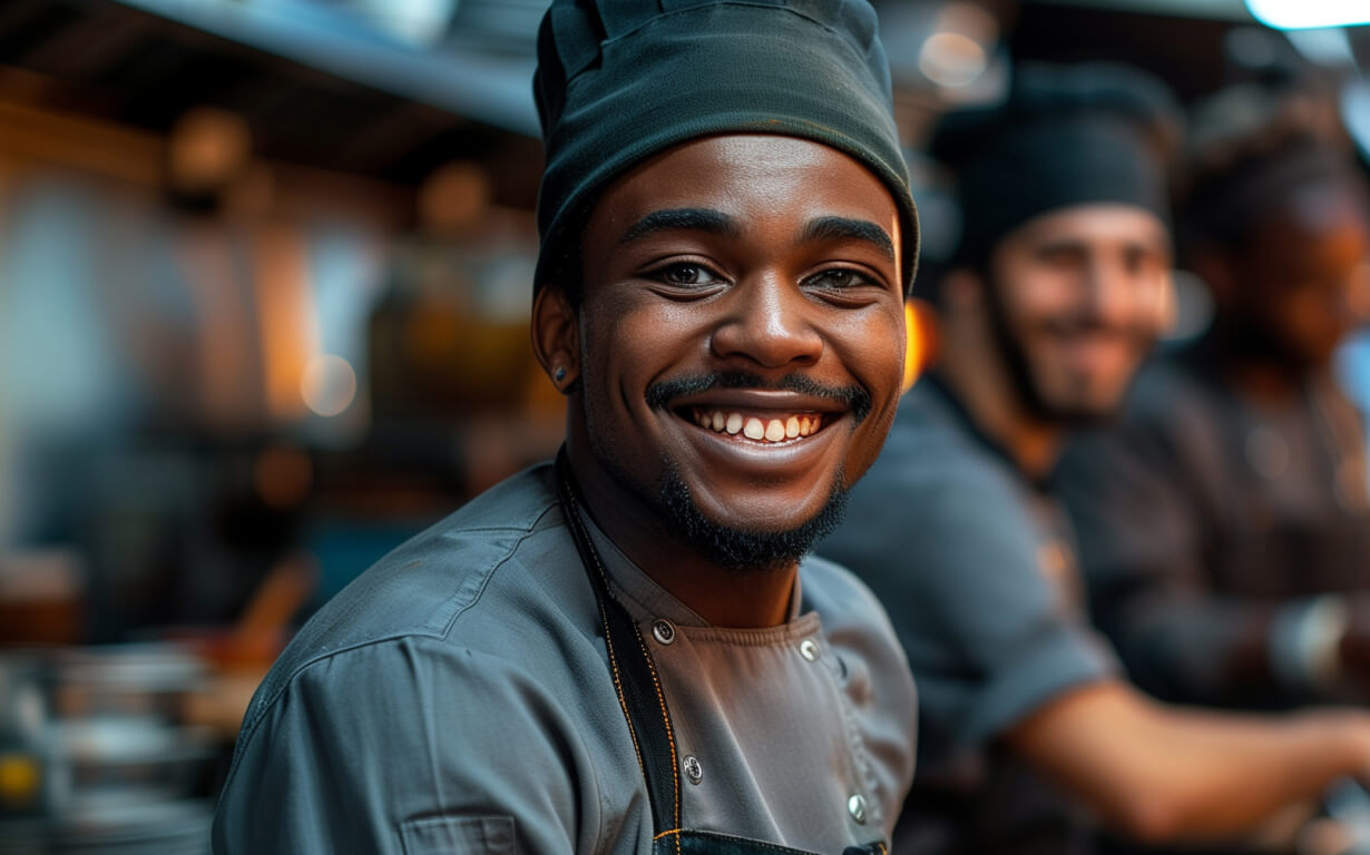 A smiling chef in a dimly lit kitchen wearing a dark uniform and hat, representing the vibrant spirit of migrant communities. Other chefs are blurred in the background, suggesting a busy and collaborative culinary environment.