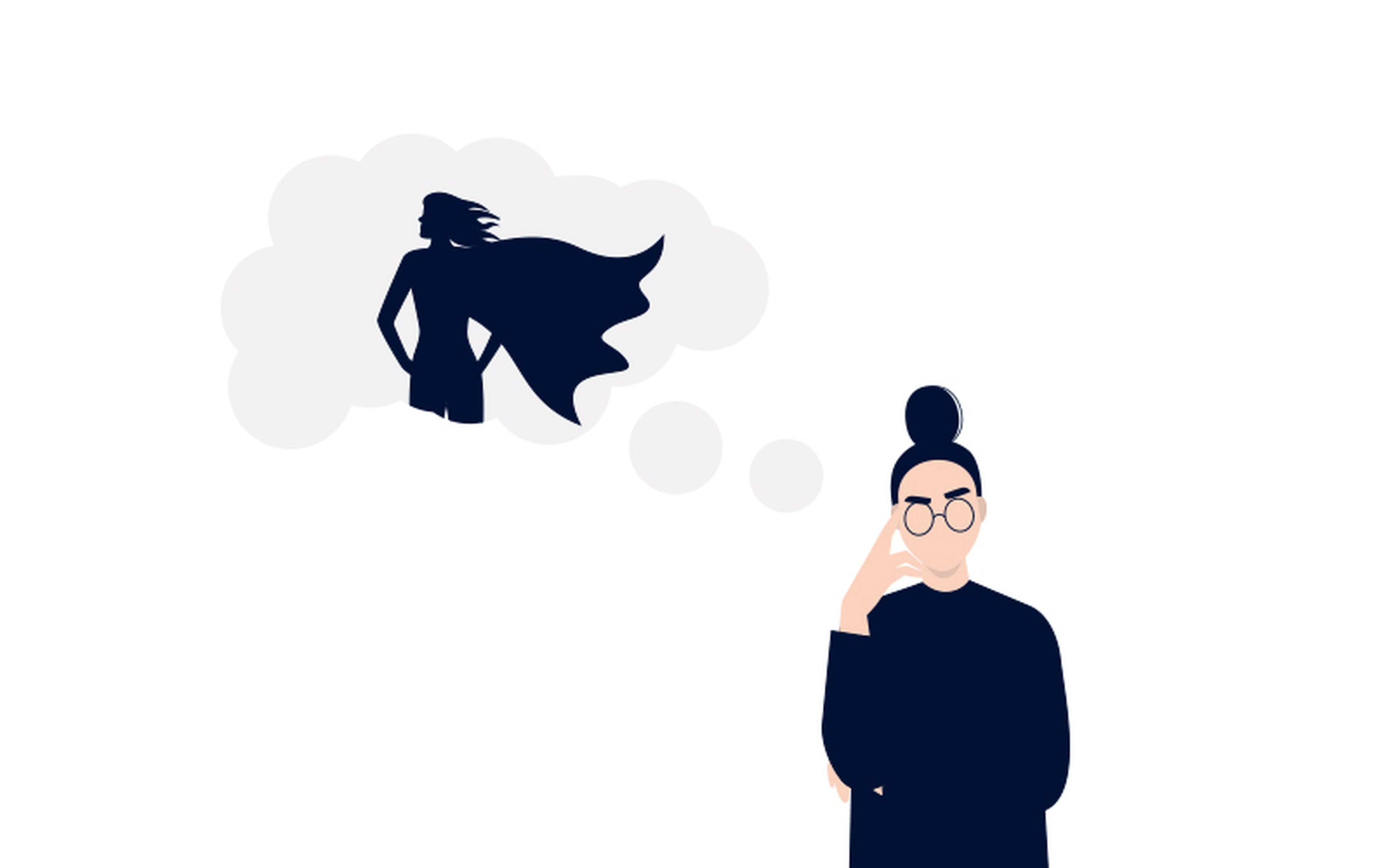Illustration of a person with a bun hairstyle and glasses, resting their head on their hand, appearing thoughtful. A thought bubble shows a silhouette of a superhero figure with a cape. The background is white.