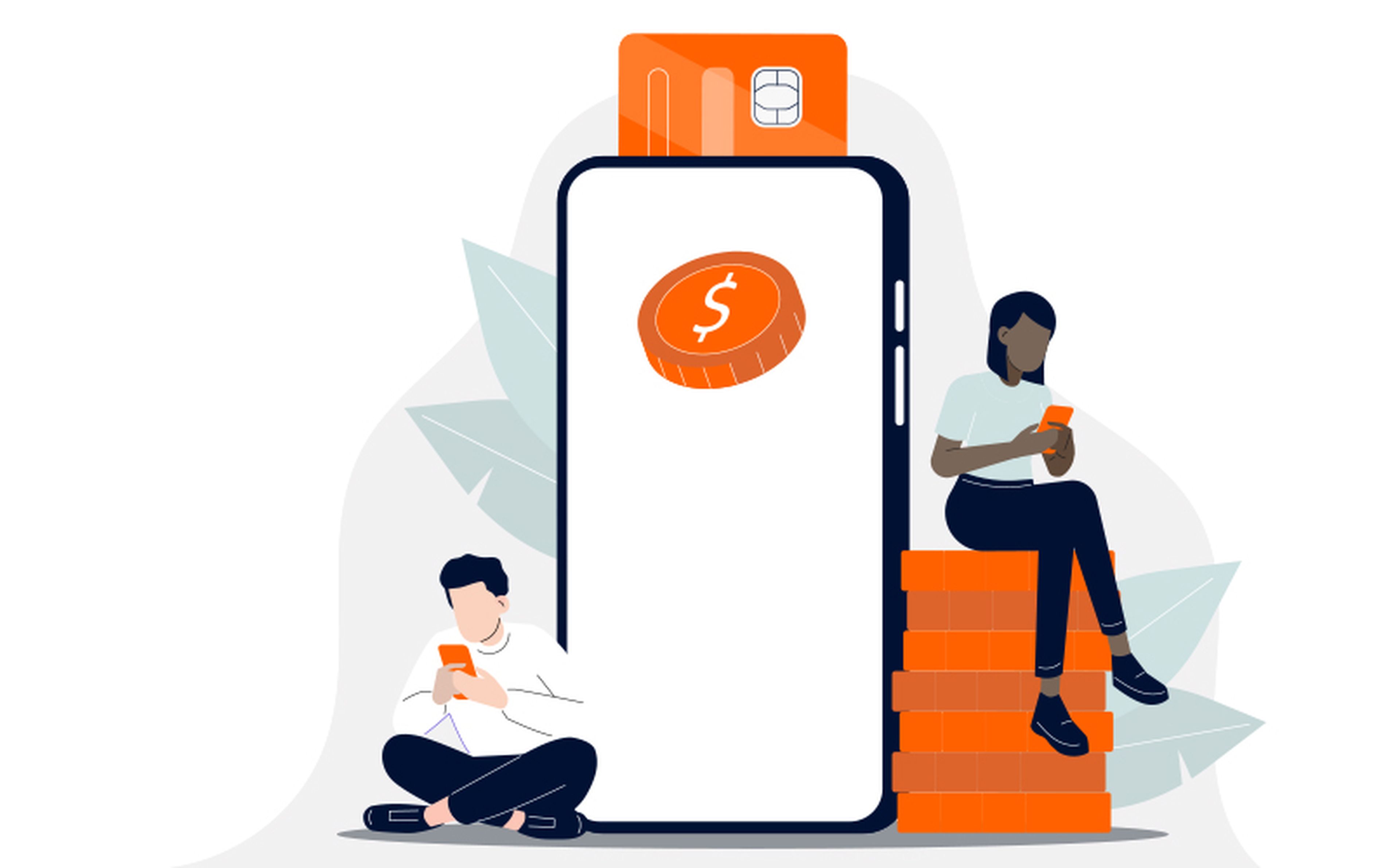 Illustration of two people interacting with their smartphones next to a large mobile device displaying a coin with a dollar sign. One person is sitting on a stack of orange coins, while the other is sitting cross-legged on the floor.