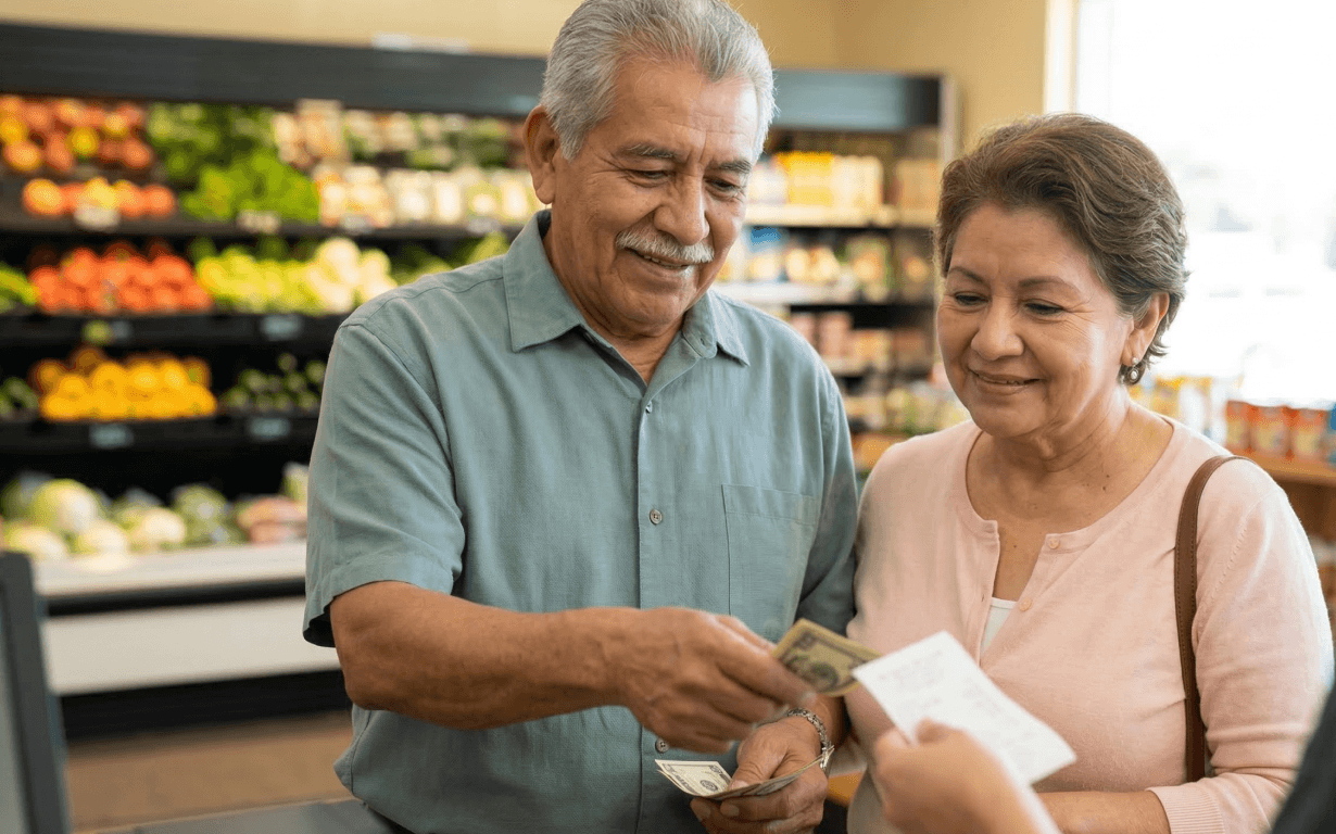 An older man and woman stand together at a grocery store checkout. The man hands cash to the cashier, perhaps after planning to Send Money to El Salvador, while the woman smiles beside him. Fresh produce is displayed on shelves in the background.