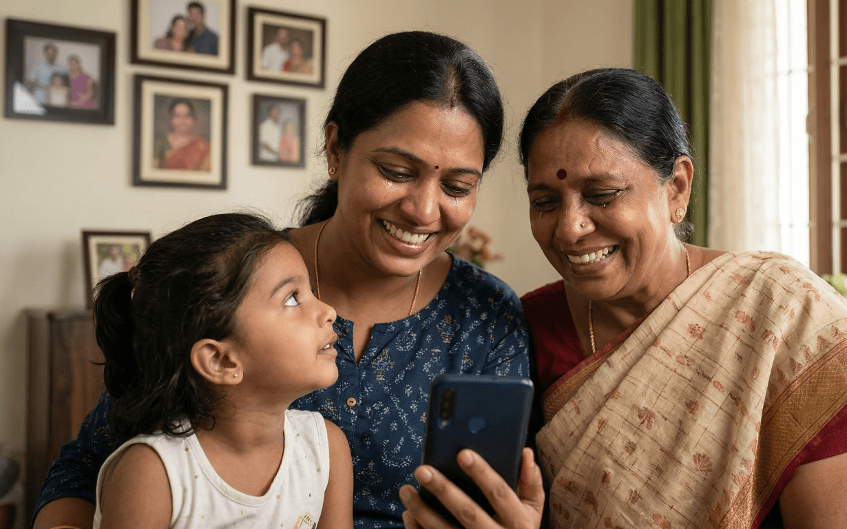Three generations of women—an elderly woman, an adult woman, and a young girl—sit close together on a couch, smiling as they check remittances on a smartphone. Framed family photos are visible on the wall behind them.