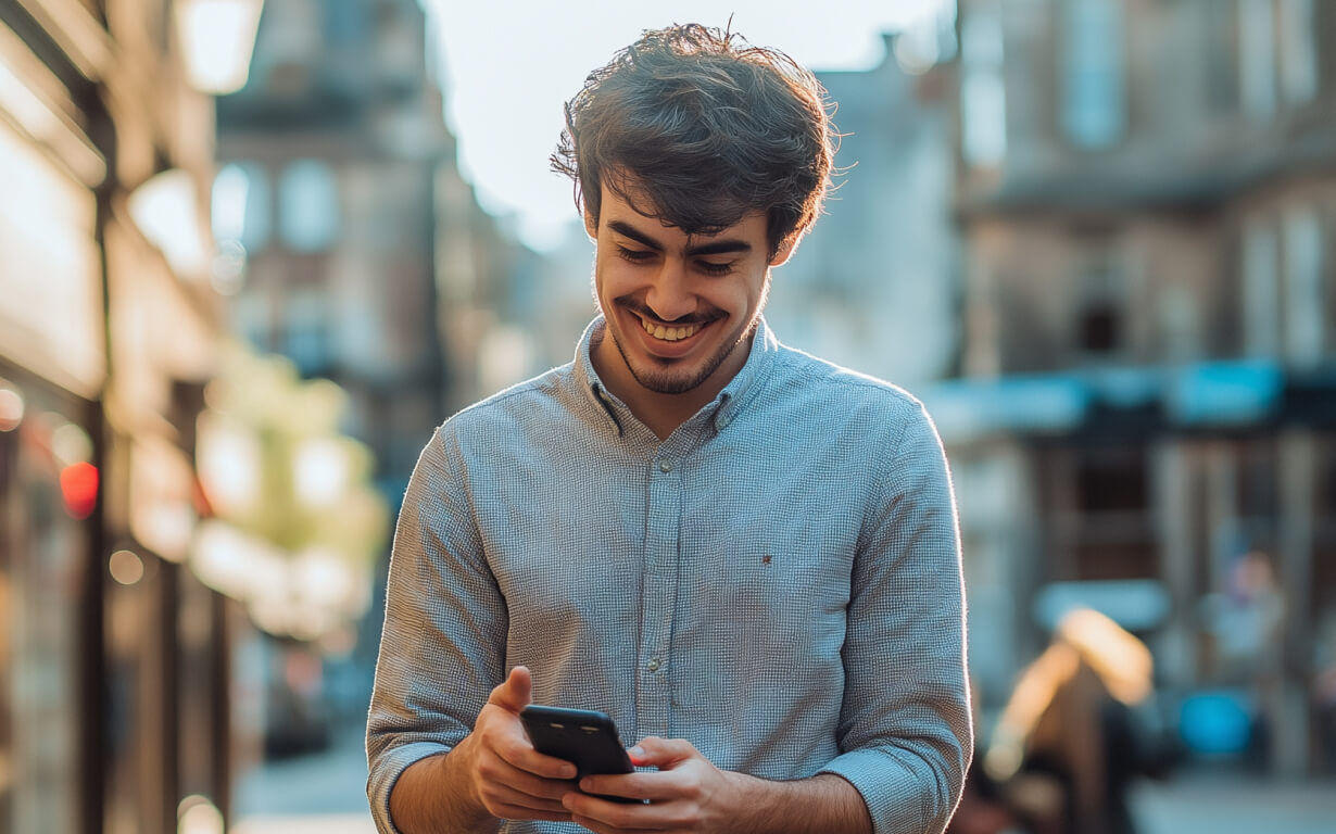 A young man with curly hair stands outdoors on a sunny day, smiling at his smartphone. Wearing a light blue shirt, he blends seamlessly into the blurred city street scene buzzing with shops and vibrant migrant communities.