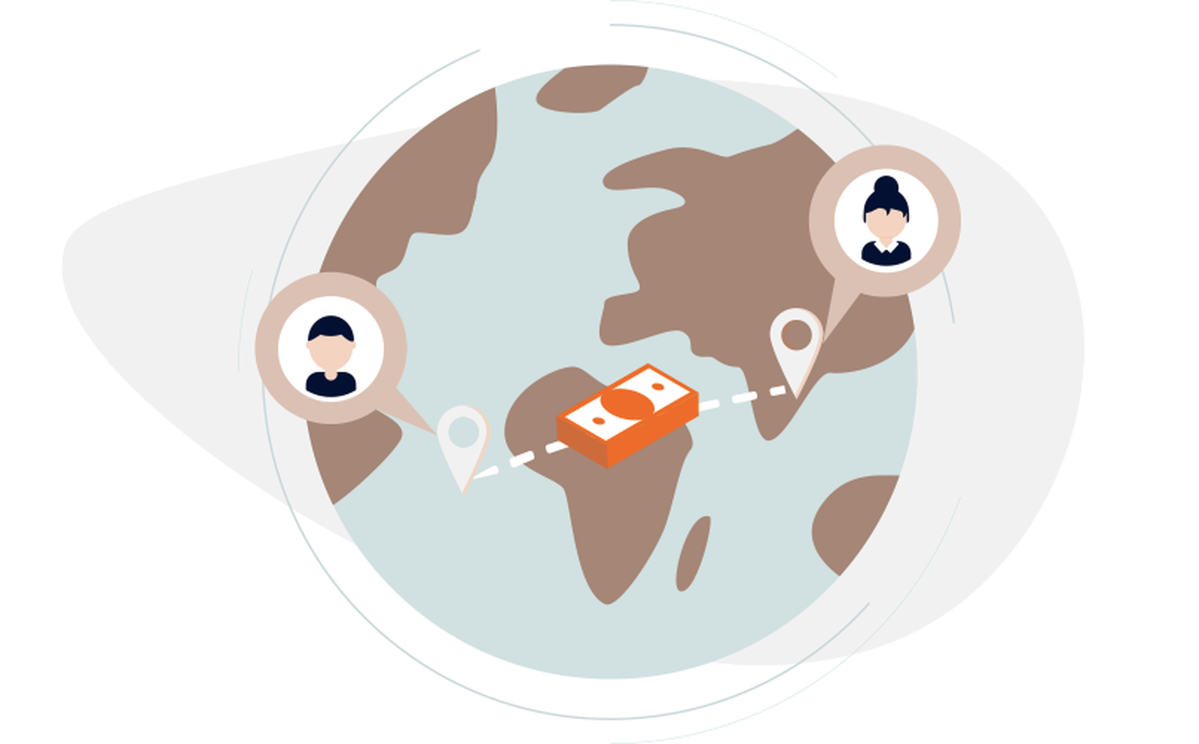 An illustration of a globe shows one person icon on the left and another on the right, connected by a dotted line. In the center of the line is an icon representing a stack of money, indicating remittances and why people send them as transfers or exchanges between individuals.