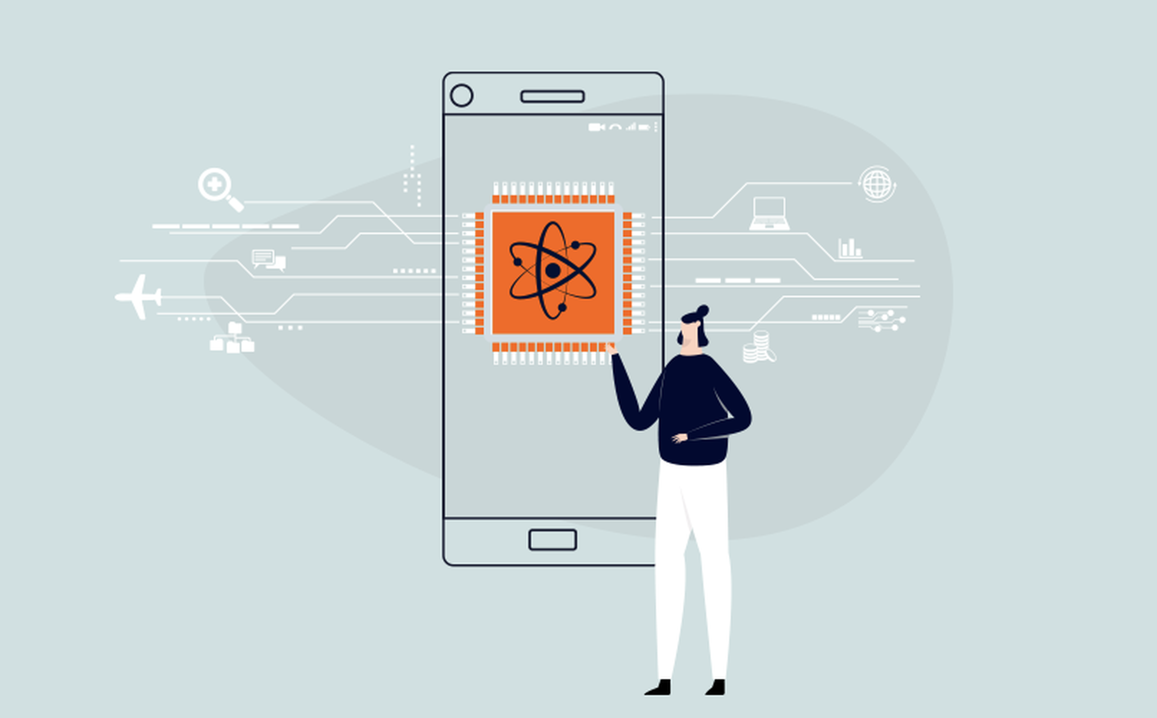 Illustration of a person standing in front of a large smartphone with a microchip and an atom symbol on its screen. The background features technology-related icons, including an airplane, gears, and a globe, symbolizing connectivity and innovation through DARQ technologies.