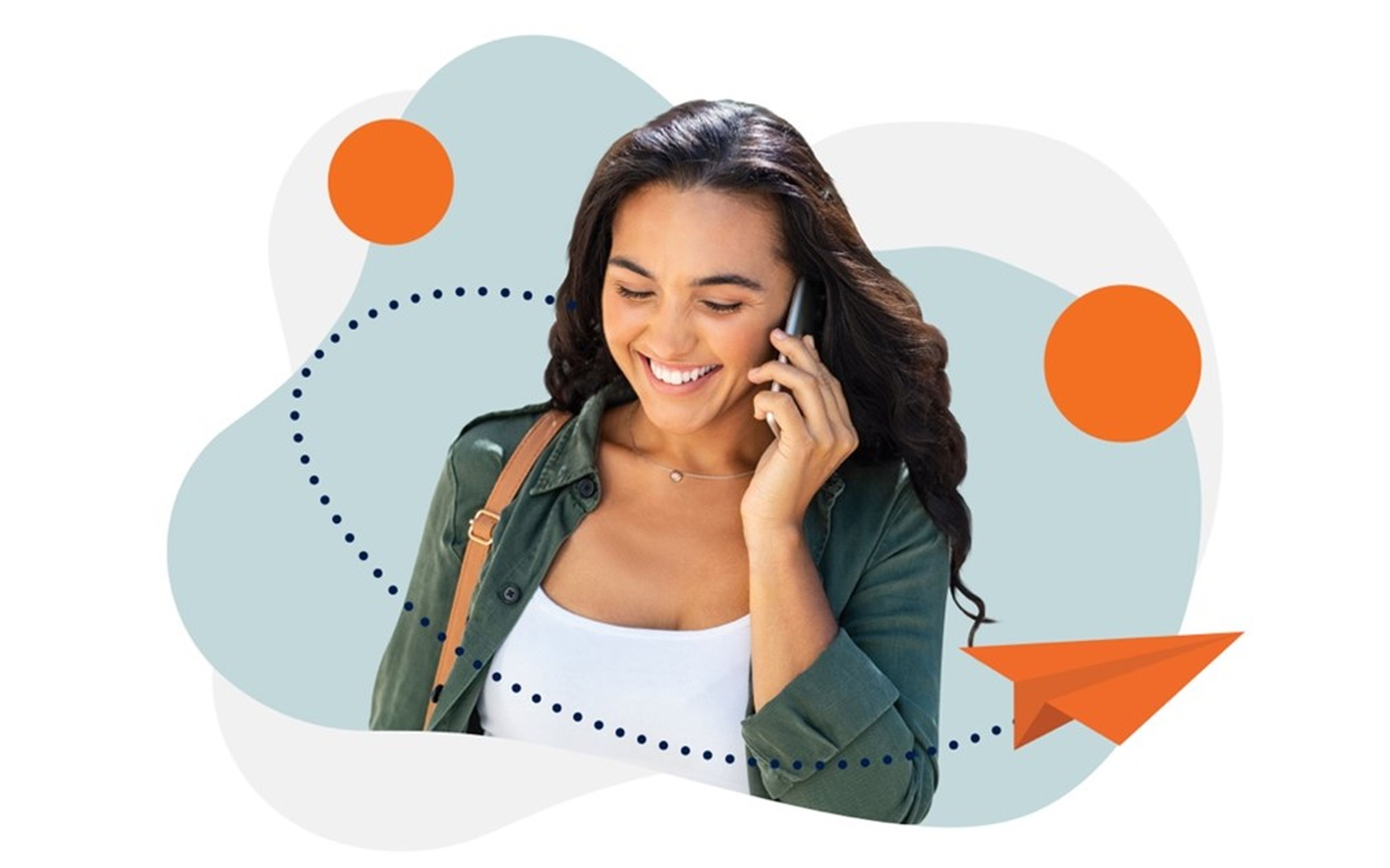 A woman with long dark hair, wearing a white top and green jacket, is smiling while talking on a mobile phone. The background features abstract shapes in light blue and white with orange dots and a paper airplane graphic.