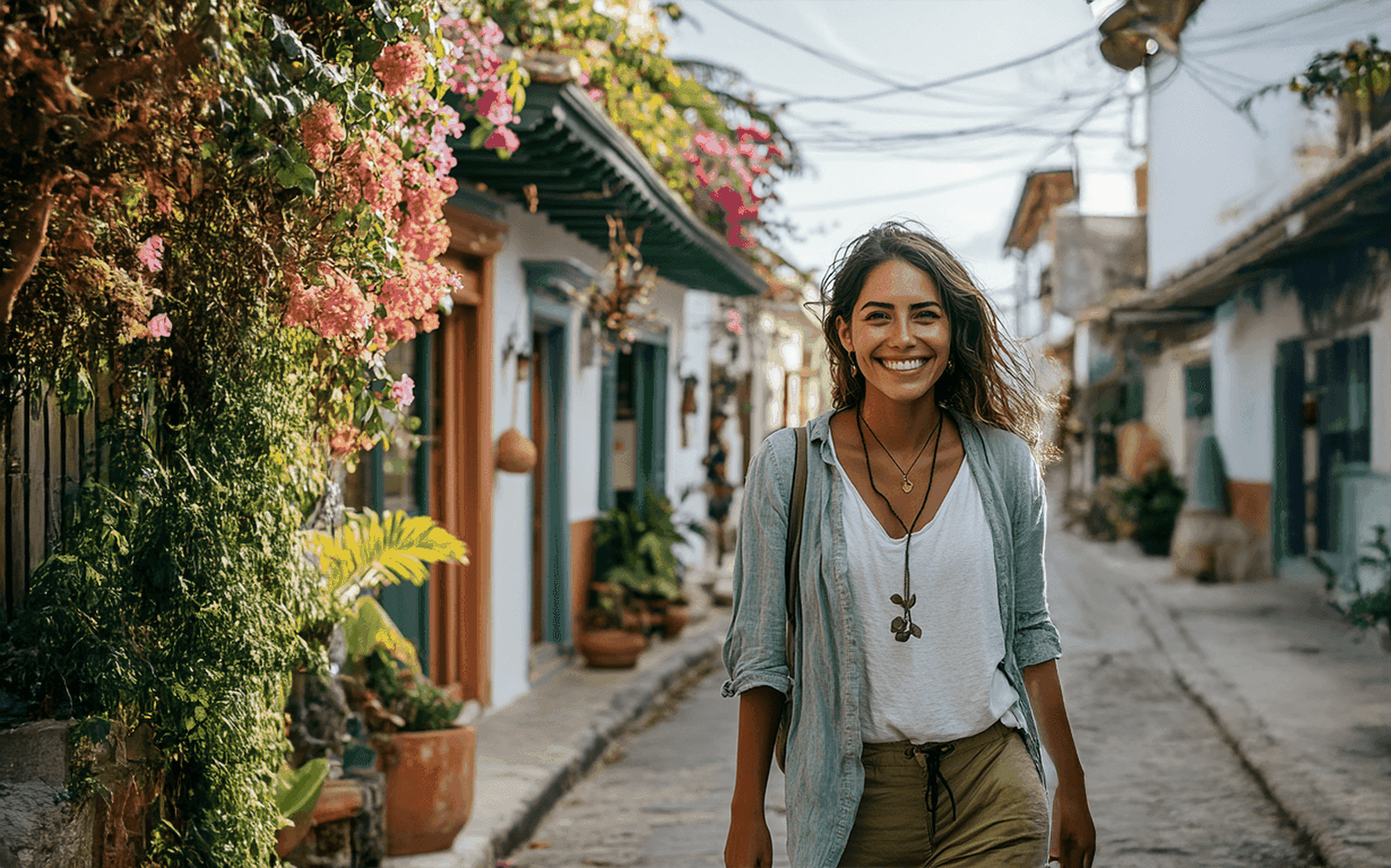 A smiling woman strolls down a charming, narrow street in Colombia, lined with vibrant flowers and colorful buildings. Her casual outfit and necklace complement the cheerful atmosphere and clear skies—embracing her exciting new life after moving to this enchanting place.