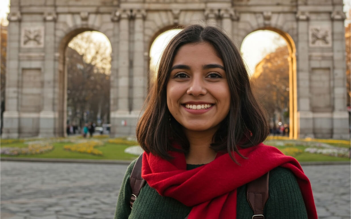 A young woman with shoulder-length dark hair and a red scarf smiles outdoors in front of a large stone archway, flowers and trees behind her, capturing the excitement of moving to Spain.