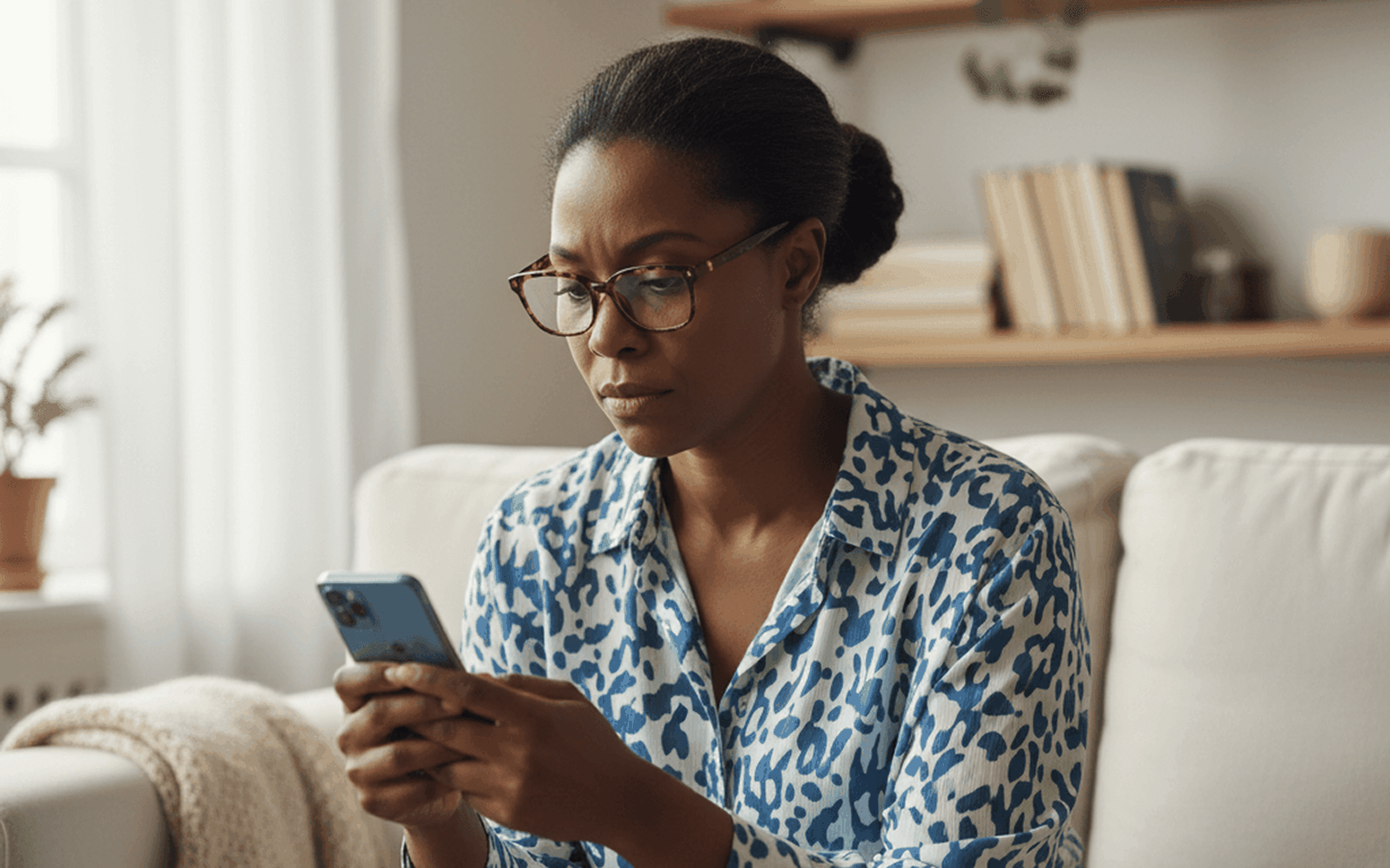 A woman wearing glasses and a blue patterned blouse sits on a couch, looking intently at her smartphone, possibly checking for money transfer mistakes. Books and plants are visible on shelves in the softly lit background.