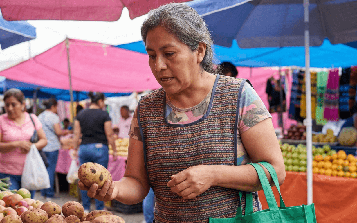A woman holding a potato inspects produce at an outdoor market, surrounded by colorful umbrellas and fruit stands, wondering what can you buy with $100 as other shoppers browse in the background.