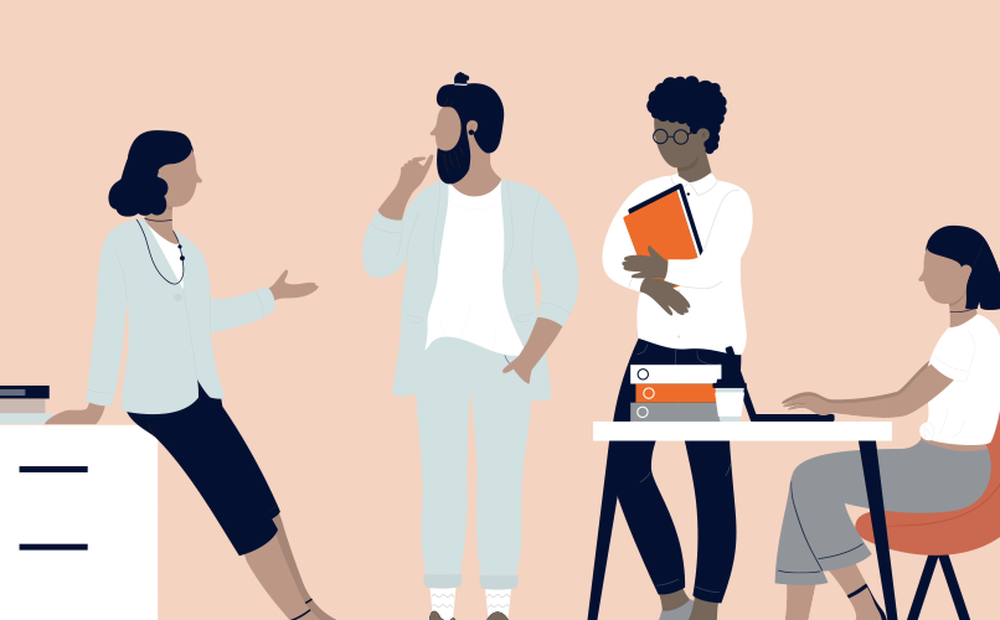 An illustration of four people interacting in an office setting. One person is sitting on a desk, gesturing while talking. Another person stands with a hand on their chin. A third person stands holding folders, and the fourth person is seated at a desk using a laptop.