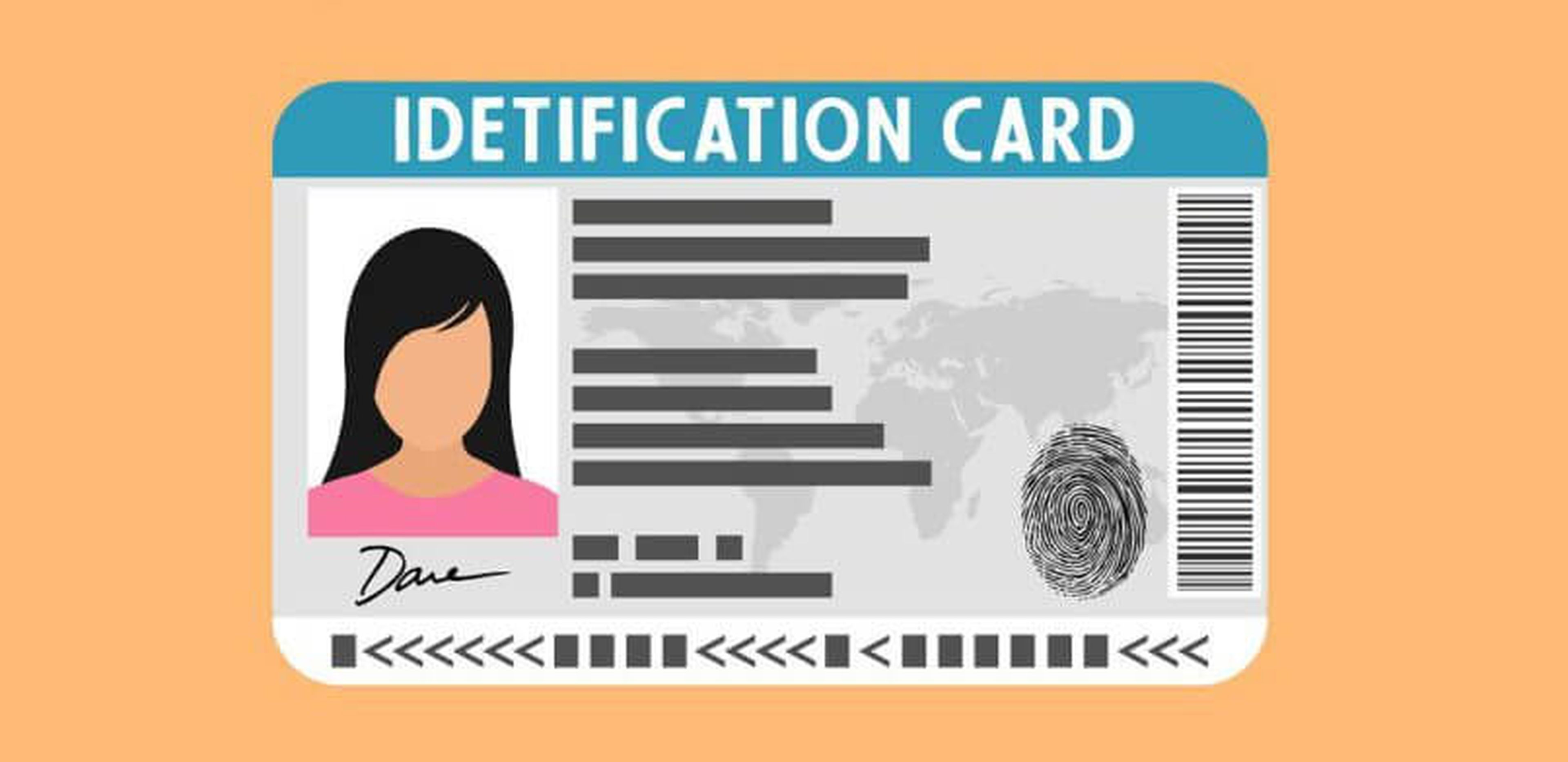 Illustration of an identification card with a photo of a person with long dark hair and wearing a pink shirt. To the right is a fingerprint and barcodes. There are text fields indicating personal information, but the details are illegible. The card, labeled "IDENTIFICATION CARD," has a blue top border.