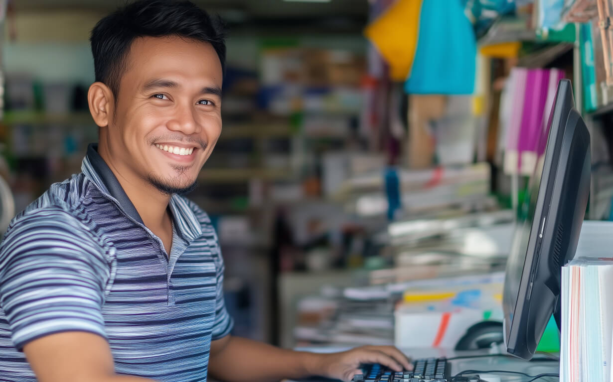 A smiling man in a striped shirt sits at his desk, surrounded by colorful office supplies and papers, perhaps pondering international money transfer limits in the US as he works on his computer.